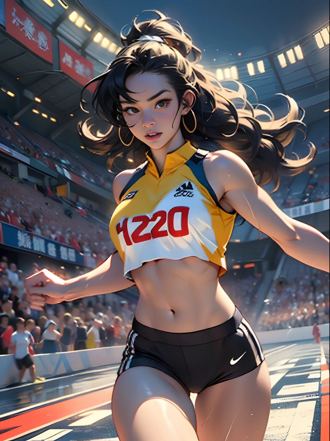 Strong female athlete, Wear high-end sportswear，Long flowing curly hair, Lifelike depiction, Sprint to the finish line，drenched all over the body，4K 分辨率. The stadium was packed with cheering crowds,detailedbackground，32k ULTRAHD, Best quality, Masterpiece, Super detail, High details