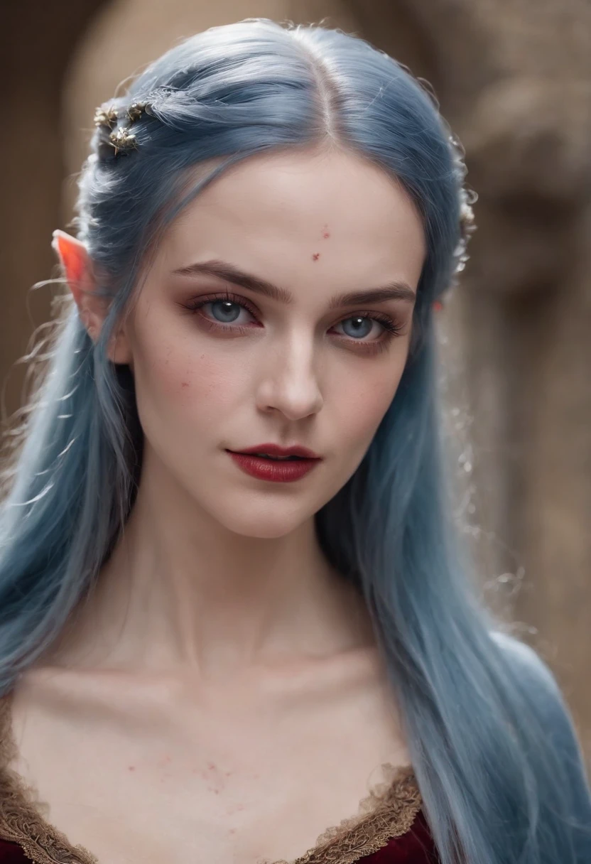 dark elf, (((A deep reddish wound crosses her left cheek))) Cool blue complexion, Female about 19 years old, natural blue-blue hair, Distinctive blue eyes, Wearing Kohl, slender and graceful, Beautiful, Candles in a medieval setting, ultra sharp focus, realistic shot, Medieval women's clothing, Notebook colors (scar:1.4), Envy on the face, An evil look and a smirk