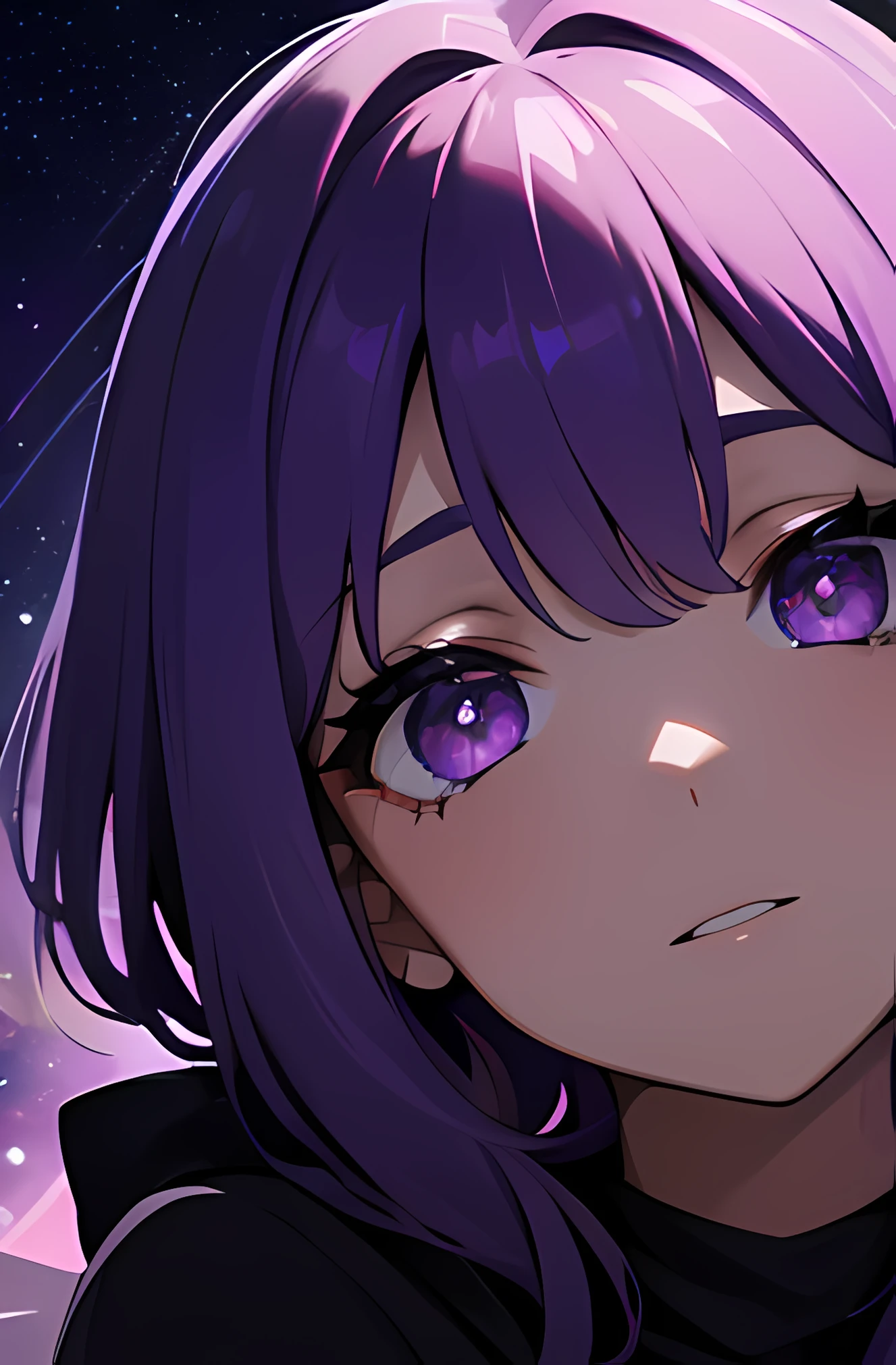1 chica, Pelo violeta corto con estrellas, ojos violeta con estrellas, high resolusion, ultrasharp, 8k, Obra maestra, Mirando al espectador, close-up, face only, purple galaxy in the background, sudadera negra