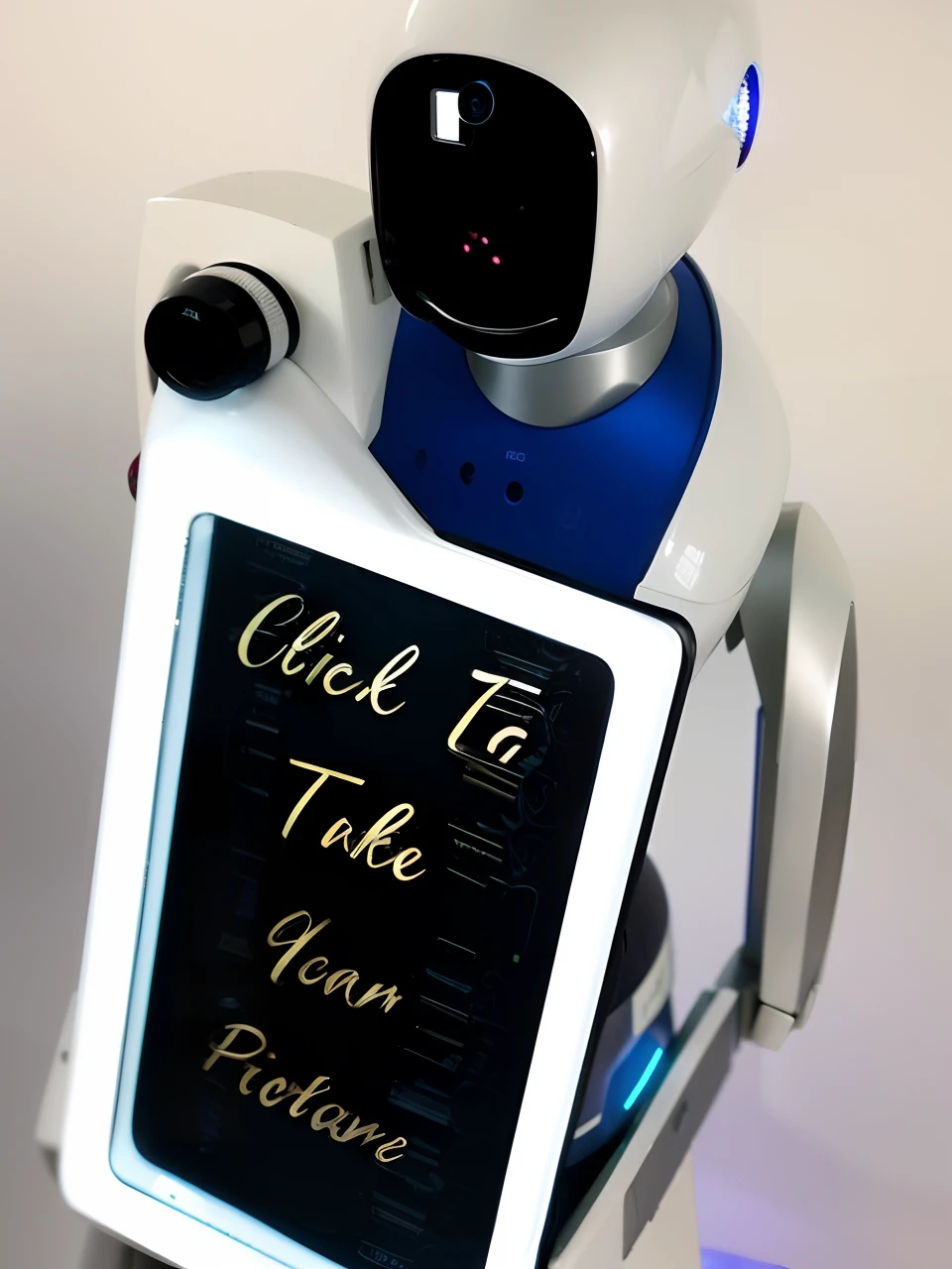 Hay un robot sosteniendo una pizarra con un mensaje, Robot photography, Robots de servicio, Barman robot, Retrato de robot, posing robotically, friendly humanoid cyber robot, Robot humanoide amigable, humanoide robot, Robot con rostro humano, Marcas en el robot, The most advanced humanoid robot, Robot elegante, Robot amigable, servo humanoide