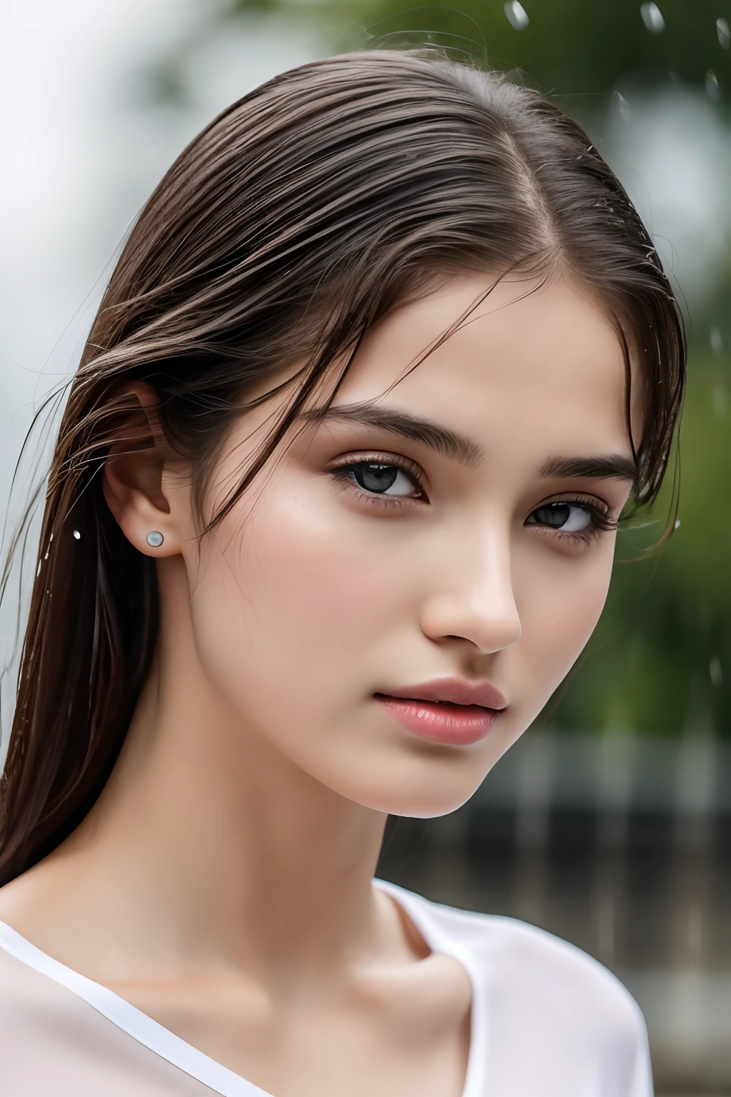 top-quality, ​masterpiece, 超A high resolution, Photorealsitic, Raw foto, ((one beautiful women)), 22year old, Detailed face, beautidful eyes, depth of fields, the city street, Wet in the rain, White T-shirt with V-neck, Wet and see-through t-shirt, small tits, Faint lips, wetting hair, a wet body, water drop on the skin, (See the viewer's eyes)