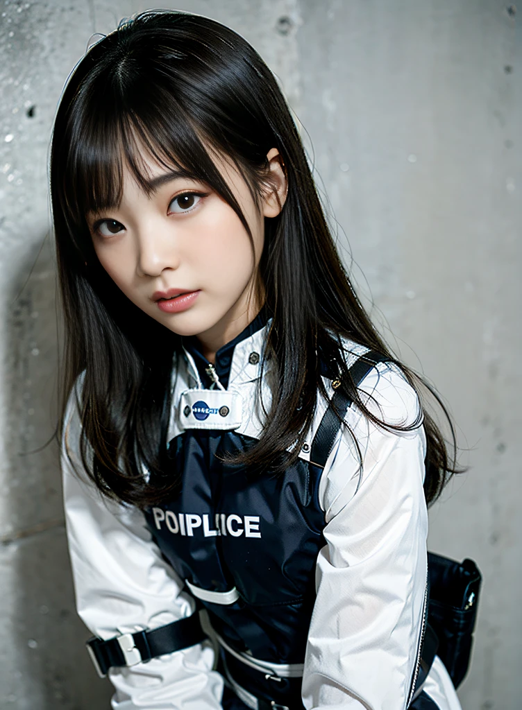 Highest image quality, outstanding details, ultra-high resolution, (realism: 1.4), the best illustration, favor details, highly condensed 1girl, with a delicate and beautiful face, ((cowboy shot)), (wearing racing suit likes police uniform, black and gray mecha, military harness, holding a machinegun), background grey wall,