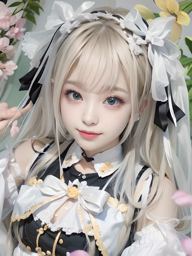 artworks, Best Quality, girl, Alternatives to longhair, absurdly long hair, Blonde hair, bow hair, aqua eyes, Seductive smile, tongue, Black eyes, longeyelashes, Big breasts, Mole on the chest, White shirt, Short black skirt, shoes, Pendants, Hair Ribbon, Flower ribbon, hair_bow ribbon, hair_bow ribbon, hair_flower