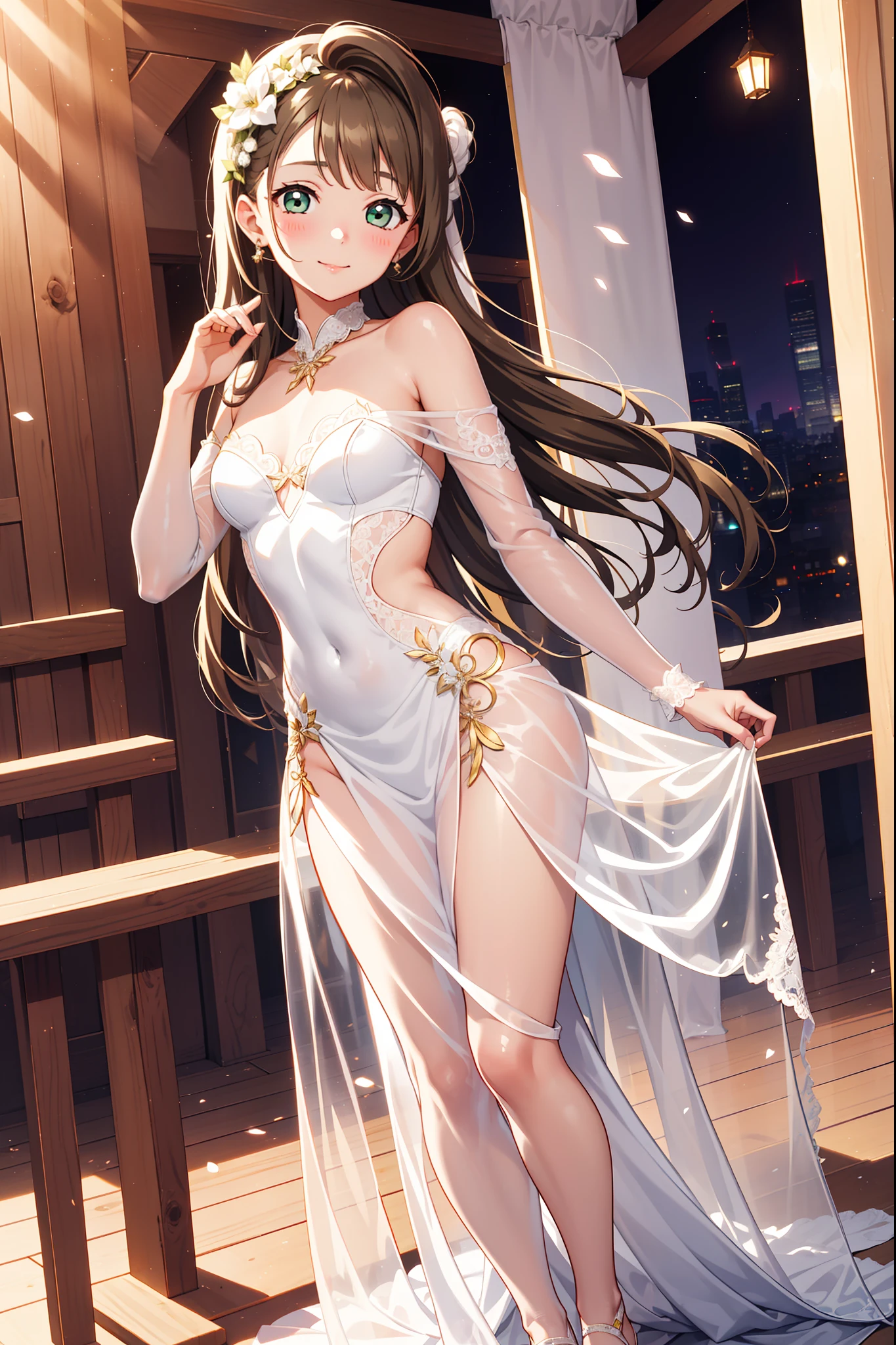 teens girl，Enchanted，ssmile，Being in love，divino，Light white wedding dress，Brown hair，Pale green cloth，see-through transparent clothes，exquisite costumes，A small amount of lace，Bedrooms，solo person，the night，lacepantyhose