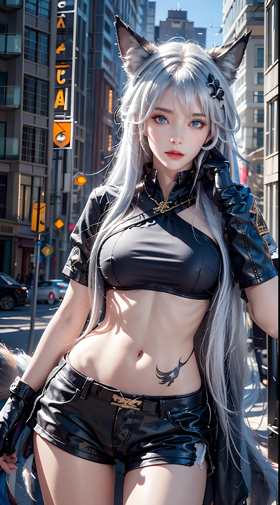 photorealistic, masterpiece, high resolution, soft light, mature female, blue eyes, hips up, hairpiece, lappland, arknights, destroyed city background, buildings on fire, pale, wolf girl, animal ears, scar, white fingerless gloves, black jacket, rhorrormare, (tail, fluffy tail), tattoo, wolves, long white hair, black shorts