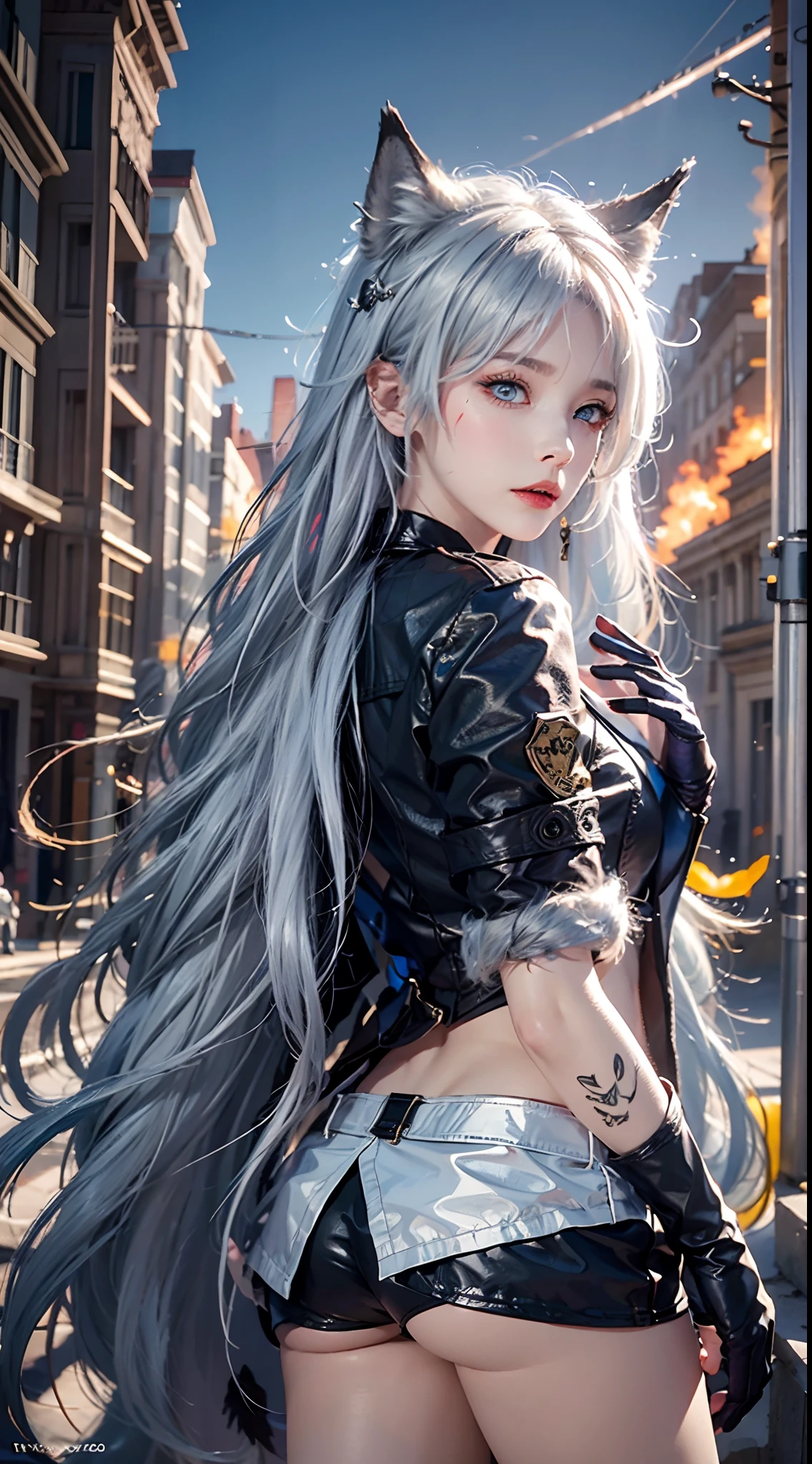 photorealistic, masterpiece, high resolution, soft light, mature female, blue eyes, hips up, hairpiece, lappland, arknights, destroyed city background, buildings on fire, pale, wolf girl, animal ears, scar, white fingerless gloves, black jacket, rhorrormare, (tail, fluffy tail), tattoo, wolves, long white hair, black shorts