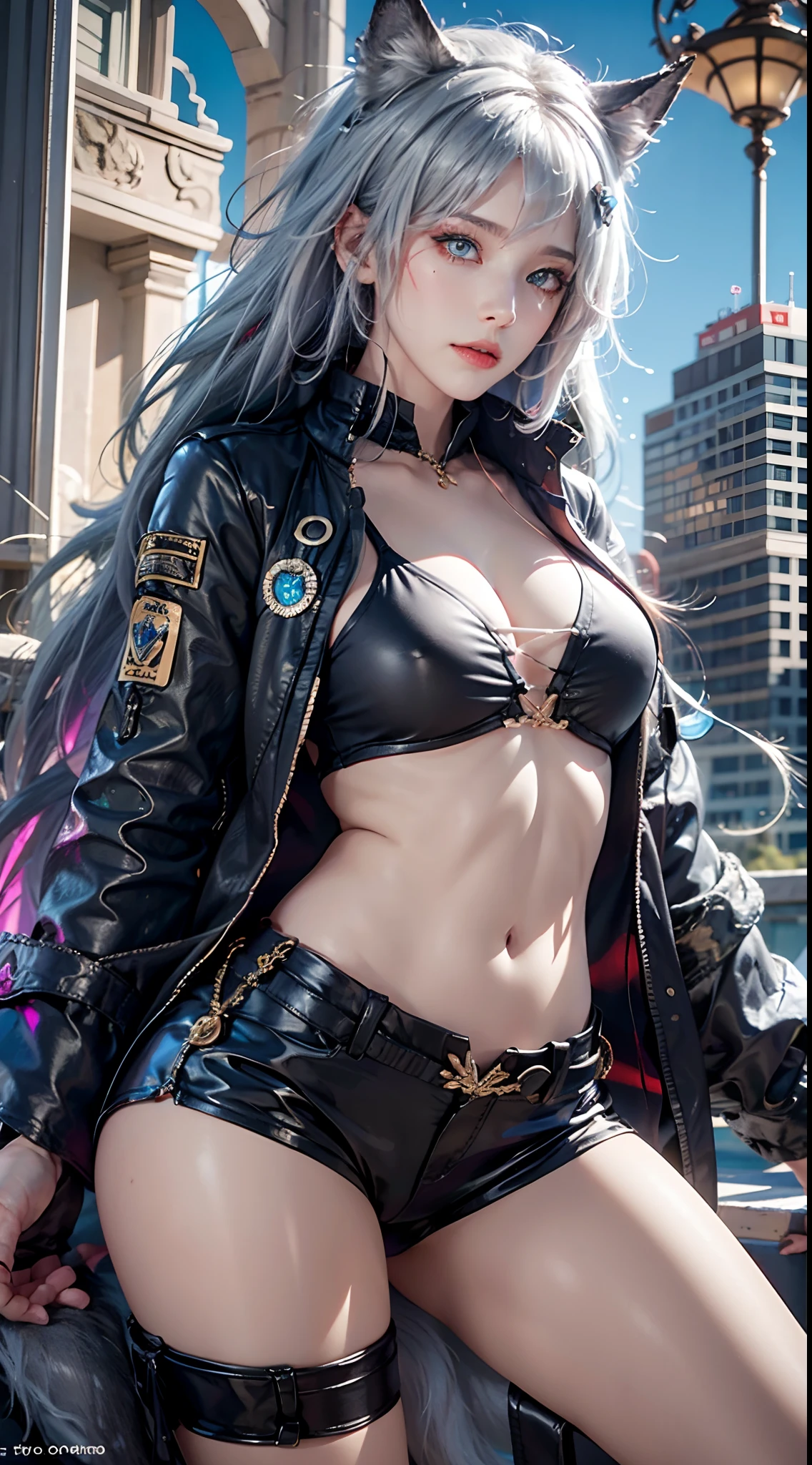 photorealistic, masterpiece, high resolution, soft light, mature female, blue eyes, hips up, hairpiece, lappland, arknights, destroyed city background, buildings on fire, pale, wolf girl, animal ears, scar, white fingerless gloves, black jacket, rhorrormare, (tail, fluffy tail), tattoo, wolves, long white hair, black shorts