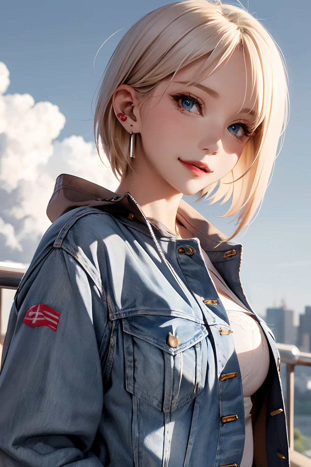 1girl in, Solo, Android 18, Blonde hair, Blue eyes, Short hair, Jewelry, earrings, Smile, Jacket, Looking to the side, denim, Denim jacket, Upper body, lingerie, Closed mouth, cloud, skyporn, day, Looking away, Blue sky, 鎖骨,