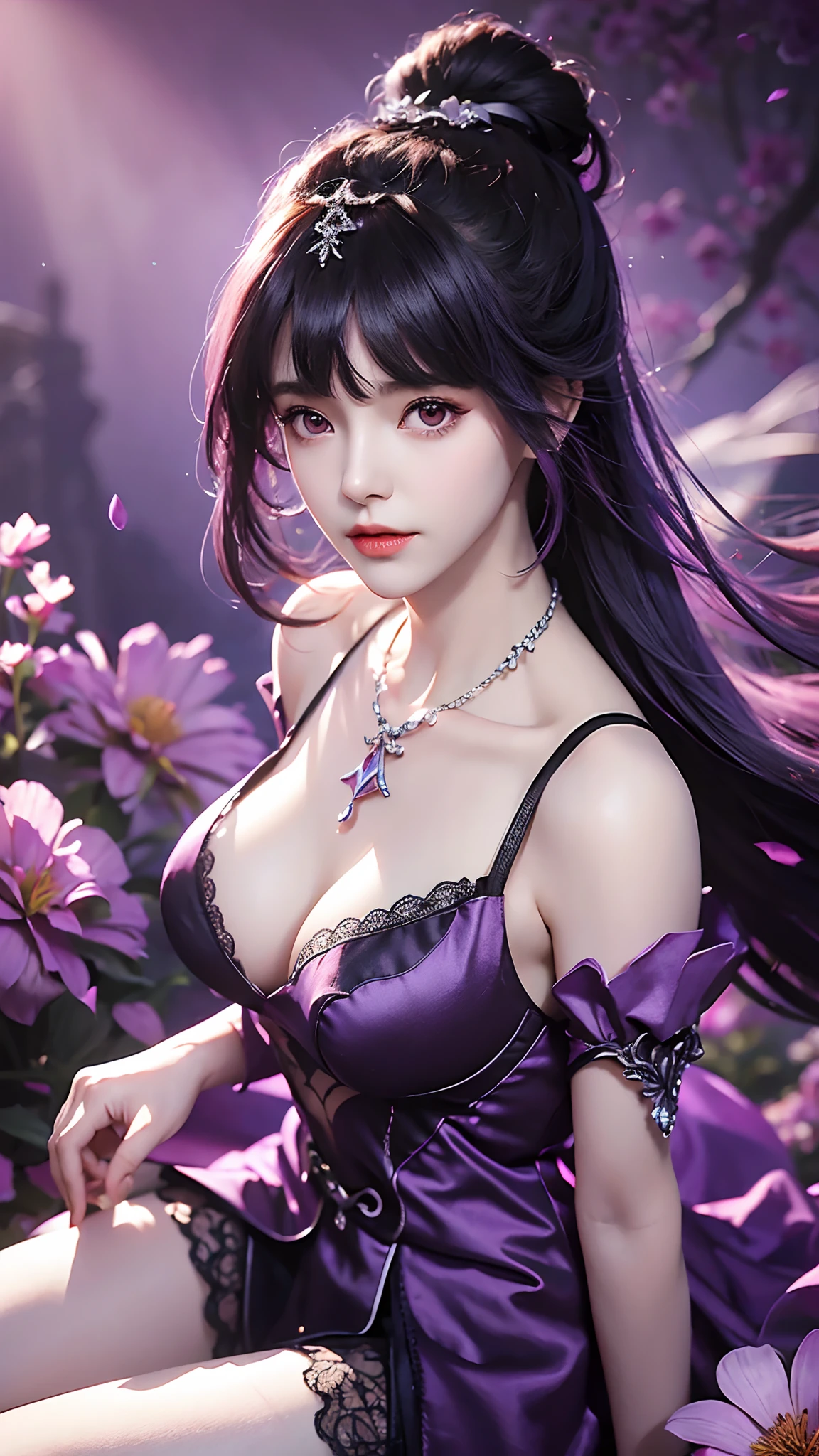 1 girl, bangs, bare shoulders, black air, medium breast cleavage, Closed, detached sleeve, purple dress, lace, surface, floating hair, jewelry lip, Long air, looking at the audience, necklace red yes, purple pound, flower background, lot of flowers, bright sun light, sitting pose, blowing wind,