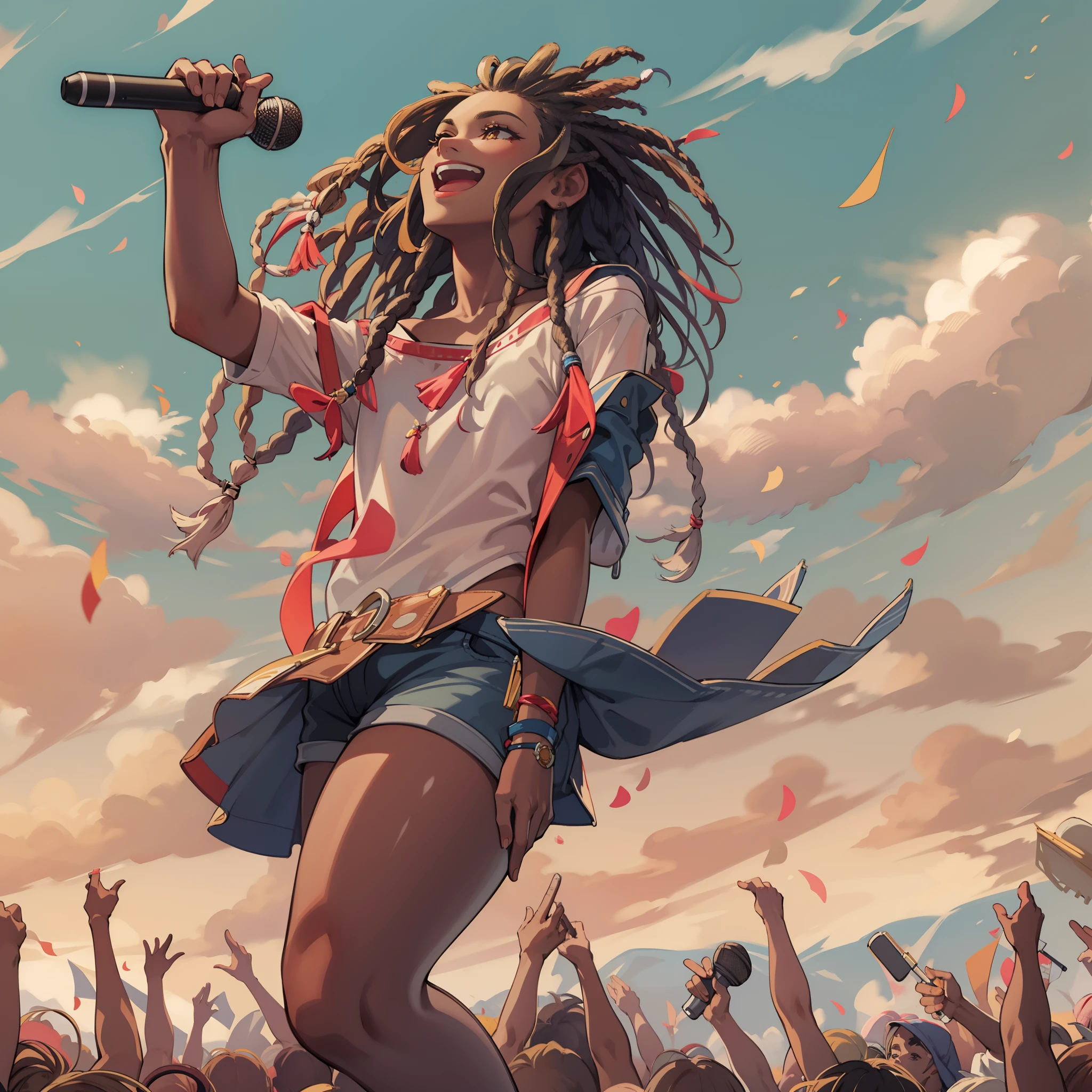 low angle,full body shot,medium shot,BRAKE concert:1.5,action:1.5,one off shoulder shirt:1.5,shortpants:1.5,Blowing in the wind:1.6,A smile,(dreadlocks:1.3),BRAKE Singing:1.5,Hold the microphone:1.6,Sing a song:1.7,dynamic pose,swet:1.3,BRAKE 4K, (Raw photo: 1.2), (Realism: 1.4), (masutepiece: 1.3), (exquisite detailing: 1.2), Delicate and beautiful details, (Eye Detail), (Facial Detailed), (Highest Quality:1.4),  (very detailed illustration),  Best Quality, Super Resolution,Wide light, natural shadows
