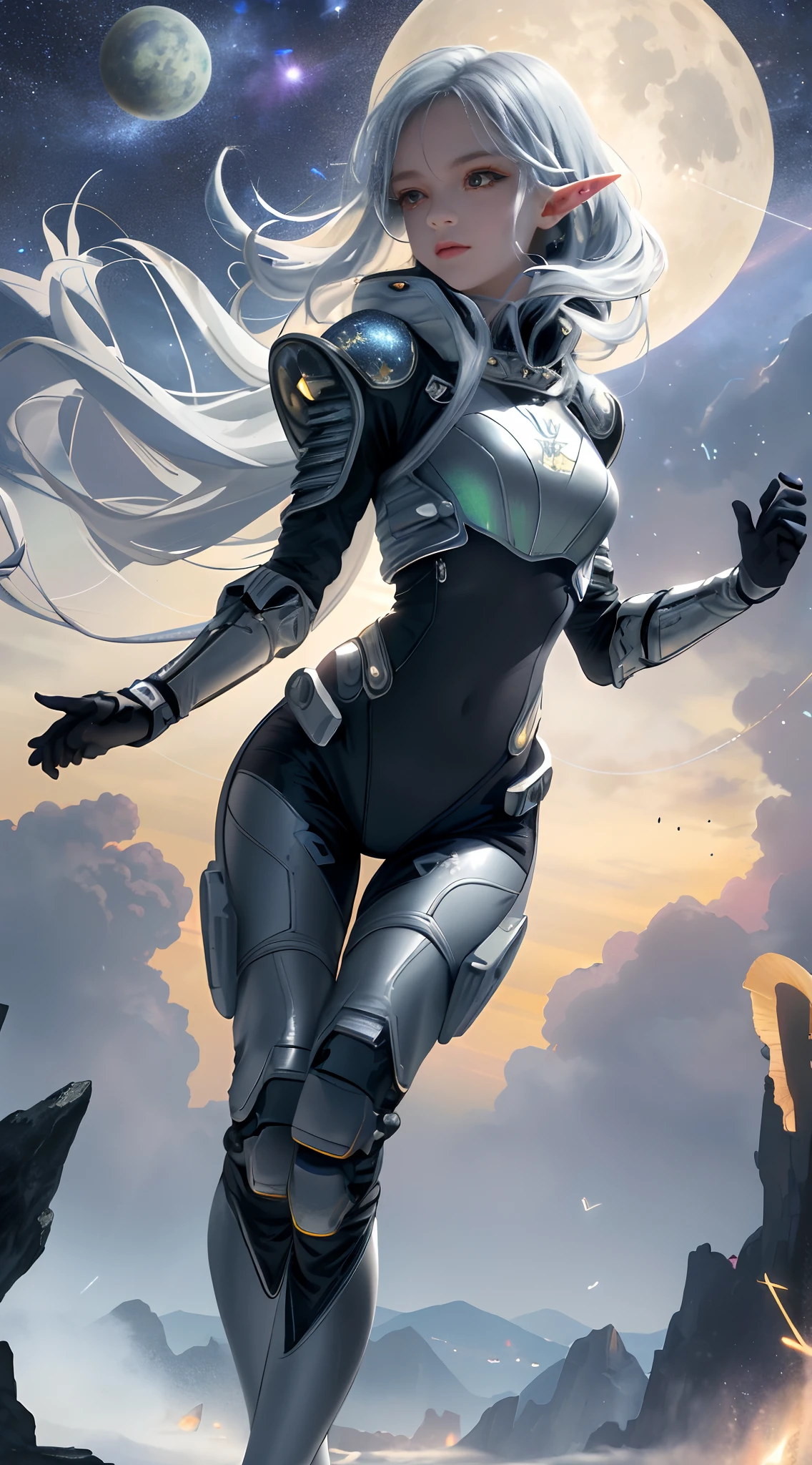 (Best quality, Masterpiece) high resolution, Extremely detailed, Detailed background, Cinematic lighting, illustration, 1girll, Solo, active pose, Long eyelashes, colored eyelashes, (Sharp eyes:1), Cloudy sky, Flying,  Above the clouds, stars, elf, Starry sky, Spacesuit, Thigh set, midriff, (:0.8), lunarpunk