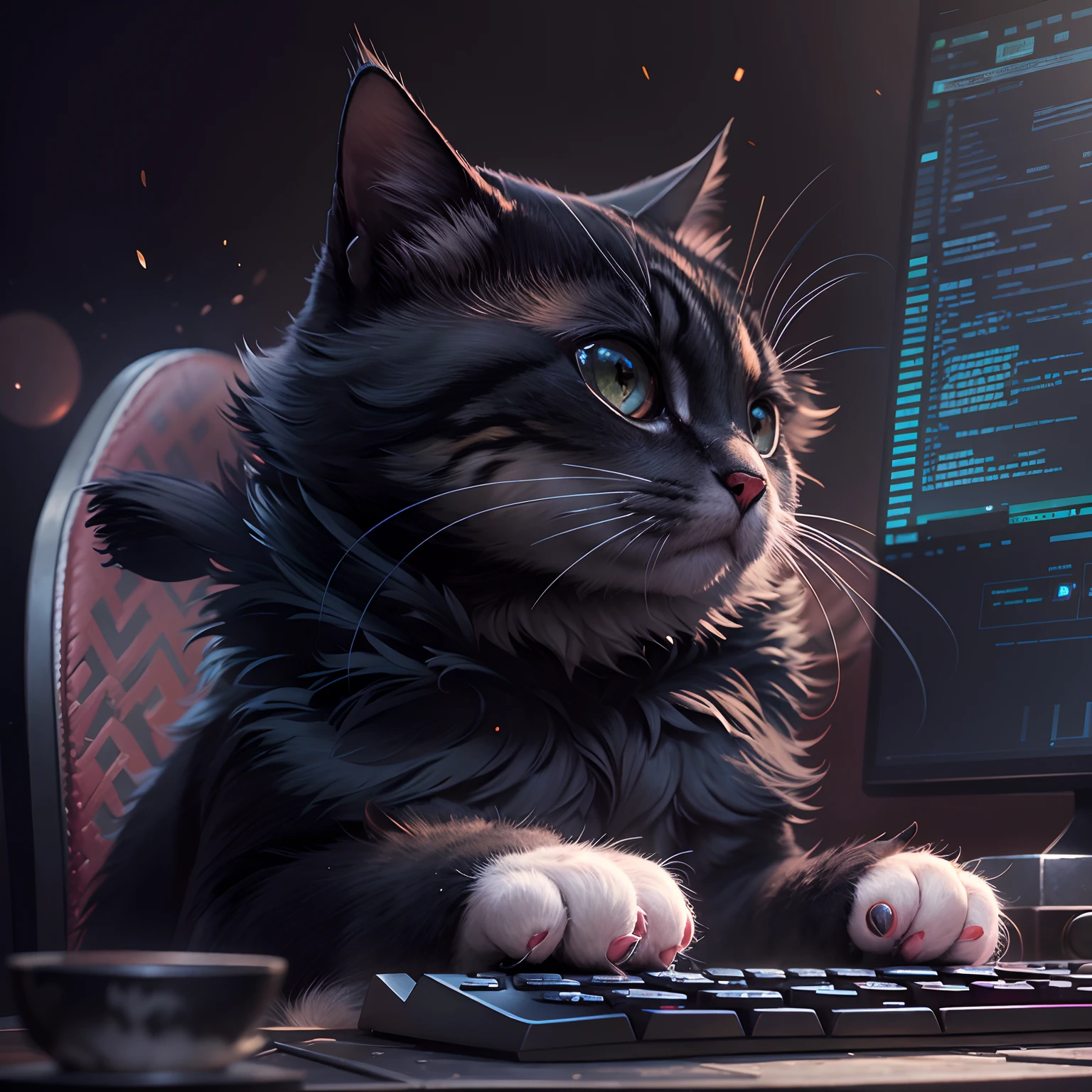 Master Parts, 1 round eyes cat, matrix style, Black coat, Type with the keyboard, Sitting in the chair in front of the MAC, Lunette de soleil, Dynamic Angle, Best Quality, 4K,