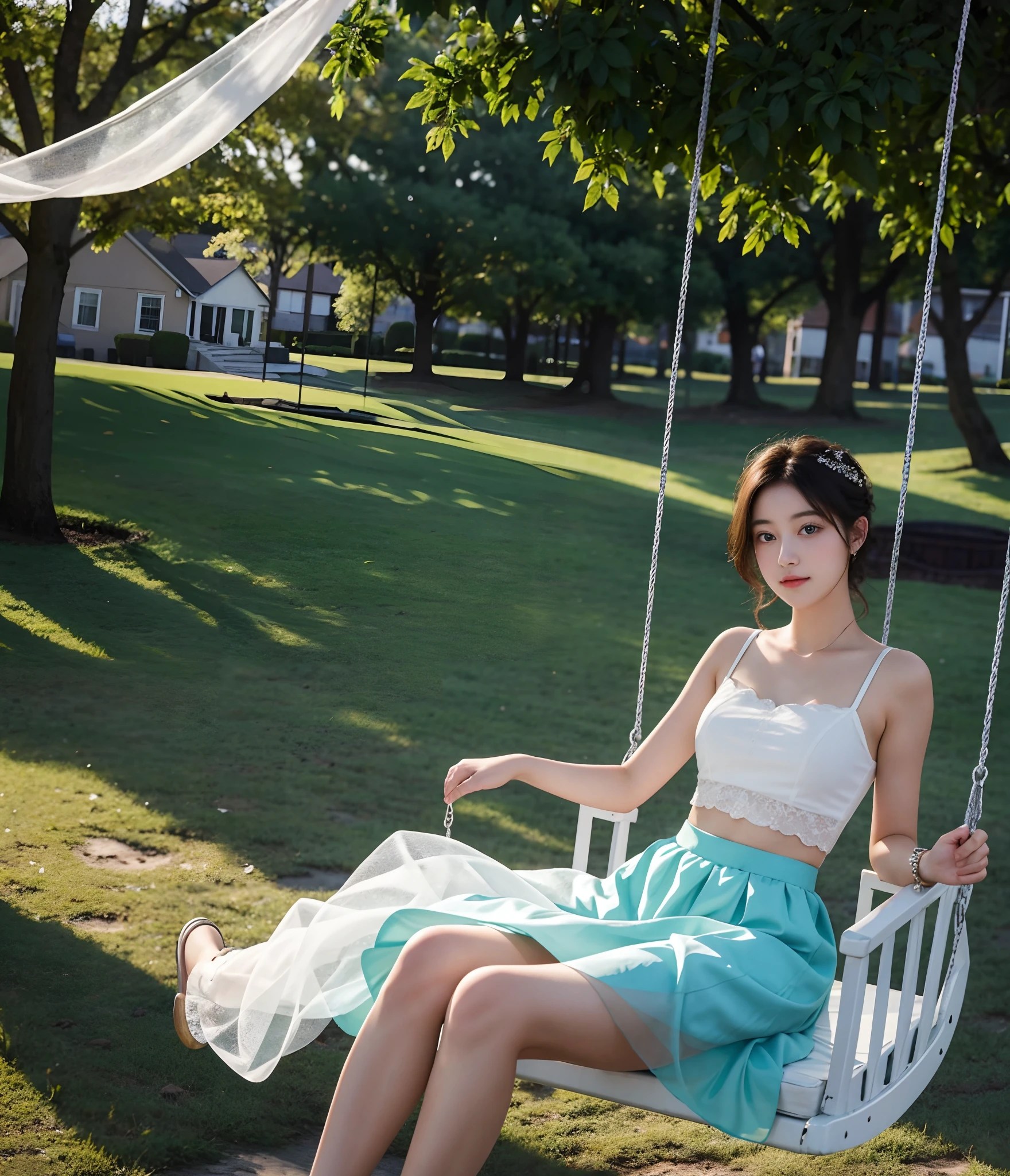 (Best quality, Masterpiece), 1girll, 18yr old,Absolutely beautiful, Amazing, On the swing,noble,perfect bodies, The gauze skirt flew up,Very real,goodlooking