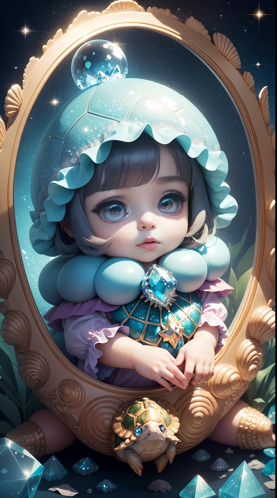 (sandbox:1.4),in a panoramic view,Solo, full bodyesbian,tchibi,Cute little girl, ,wearing blue dress,Panoramic view,Delicate headgear,ssmile,Rococo style,Material de vidro,crystal material,extremely detaile, Cinematic lighting effects,4K,tmasterpiece,offcial art