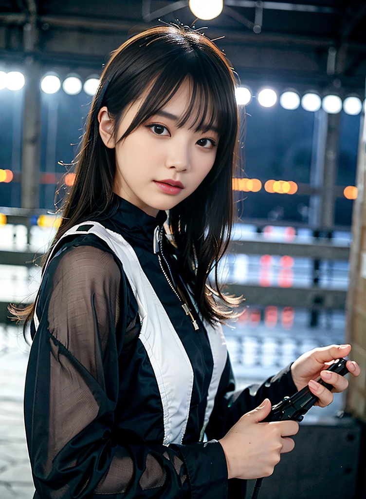 Highest image quality, outstanding details, ultra-high resolution, (realism: 1.4), the best illustration, favor details, highly condensed 1girl, with a delicate and beautiful face, ((cowboy shot)), (wearing racing suit likes police uniform, black and gray mecha, wearing a night-vision goggle, military harness, holding a machinegun or bring a machinegun, "SST"), peoples confusing, fires, smokes,