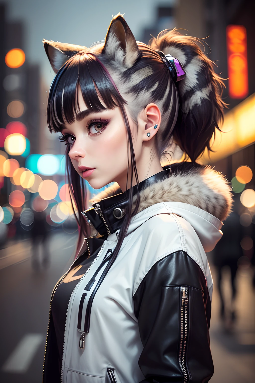 Groovy 35 year old female raccoon face and ears, with human body, 3/4 profile portrait, modern fashionable style. funky Trendy and edgy 2023 accessories. etc. blurry urban background