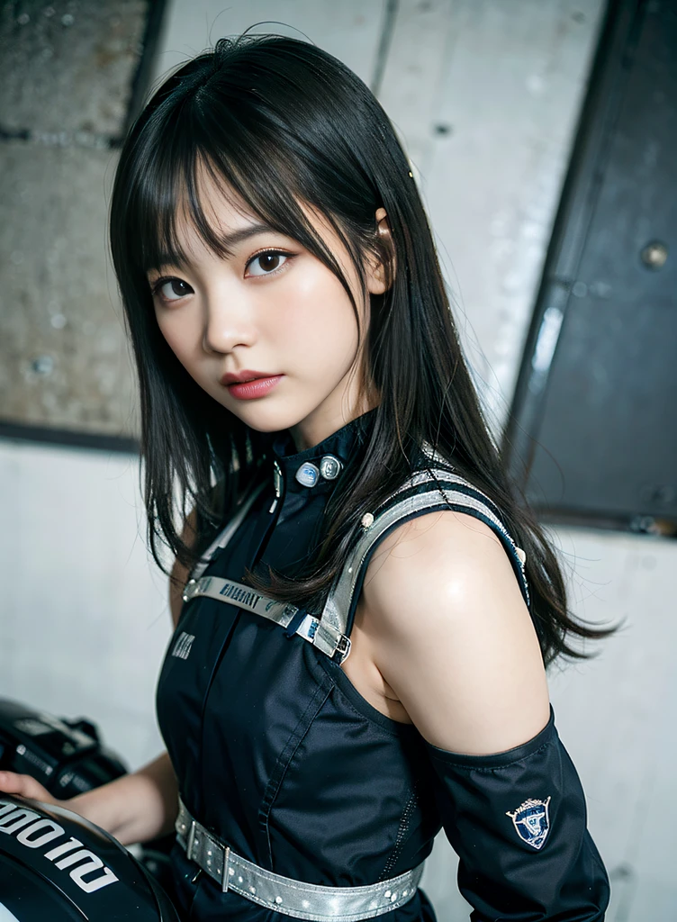 Highest image quality, outstanding details, ultra-high resolution, (realism: 1.4), the best illustration, favor details, highly condensed 1girl, with a delicate and beautiful face, ((cowboy shot)), (wearing racing suit likes police uniform, black and gray mecha, military harness, holding a machinegun), background grey wall,