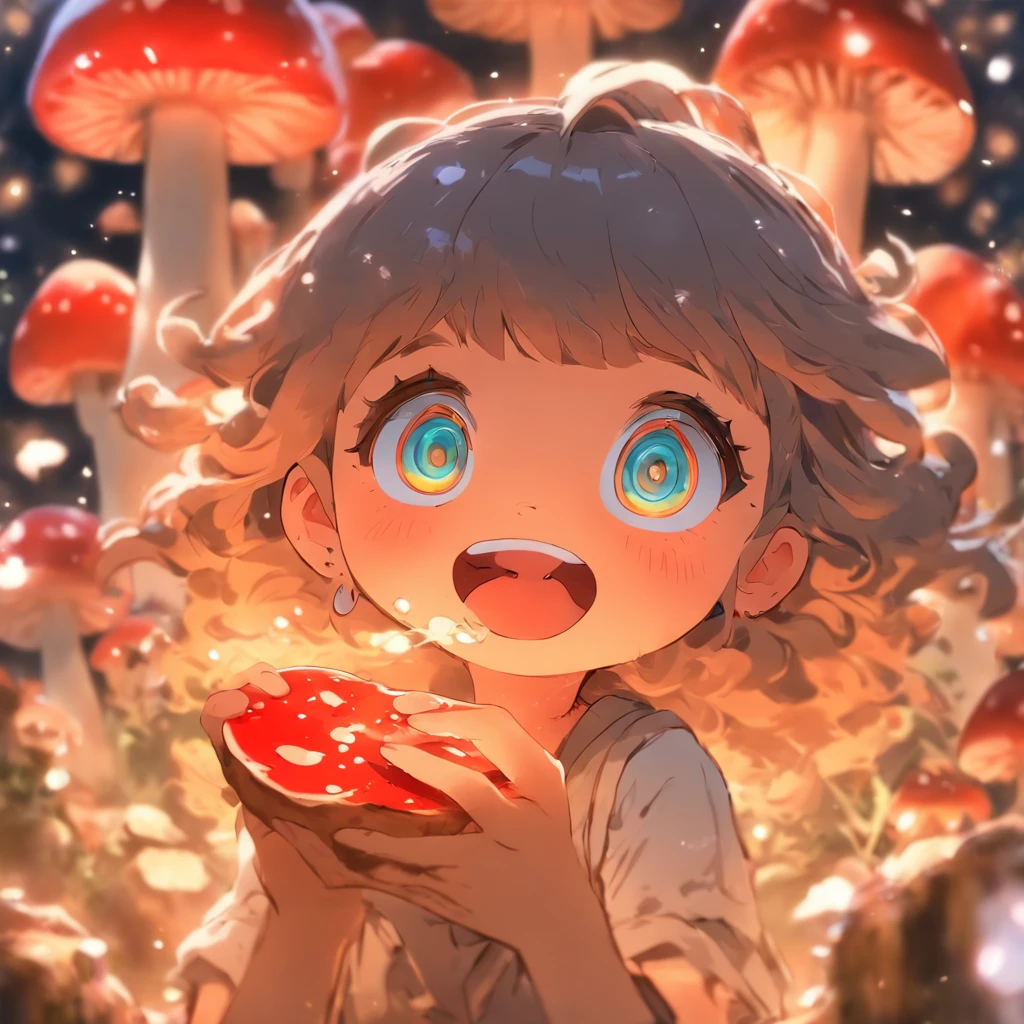 line stamp, sticker, icon, flat , water color, white eyes, A look of madness:1.6, anime girl eating mushroom, happy, --niji 5 --style cute,