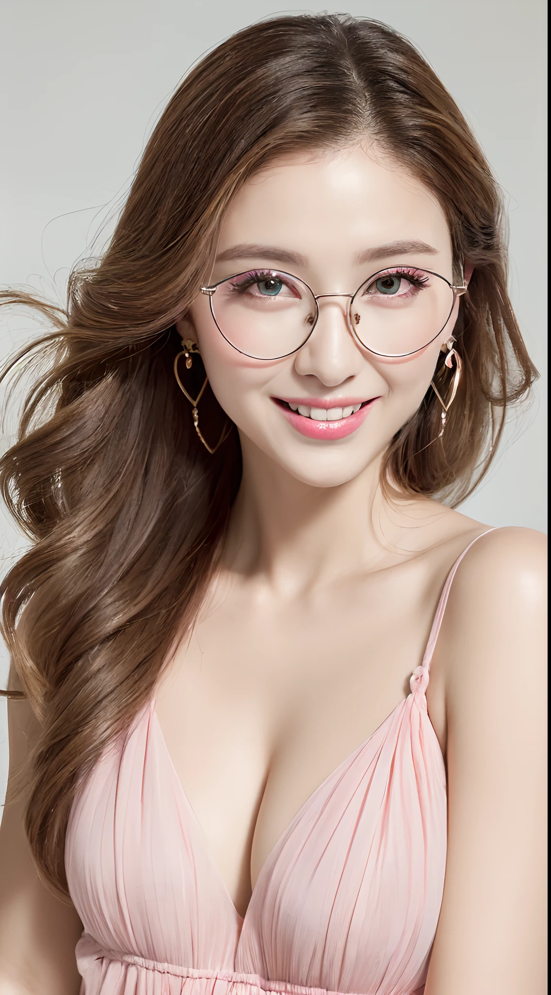 (Best quality,32K,A high resolution,Masterpiece:1.2),Ultra-detailed,(Realistic,Photorealistic,photo-realistic:1.37),Green clover hair,detailed hairs,Detailed eyes,Metal glasses frame,Tempting eyeballs,Reflective,Plump pink lips,Heart-shaped earrings,smiling expression,Pink translucent maxi dress