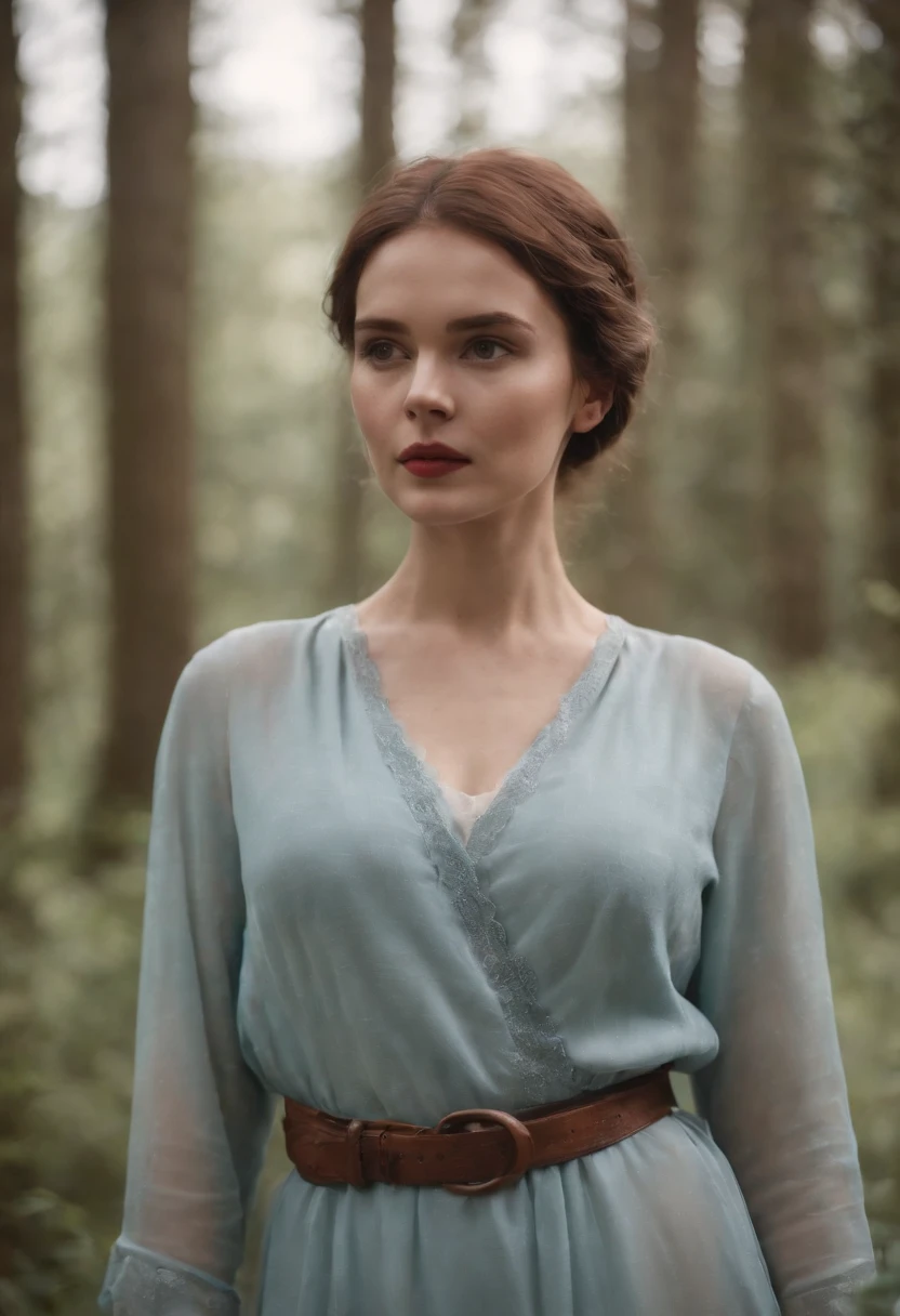 A woman in a blue dress standing in a forest - SeaArt AI