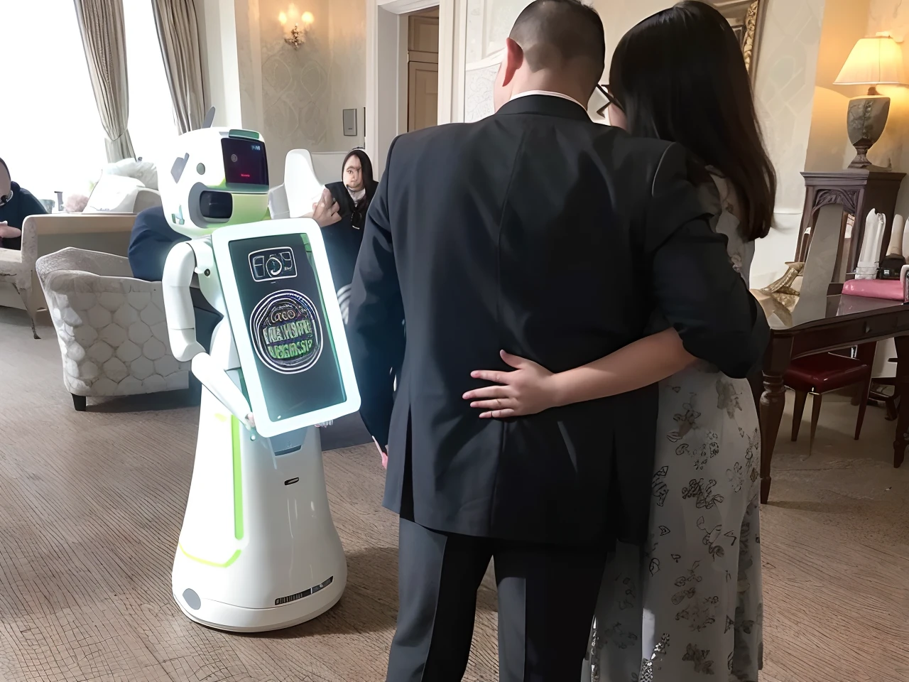 There are two people standing next to a robot in a room, Robot amigable, Robots de servicio, posing robotically, Robot humanoide amigable, Adorable robot amigable, Entrega de robots de seguridad, Mujer y robot, friendly humanoid cyber robot, The robot with its human mask, humanoide robot, El futuro, back to camera, abrazar, Girl meets robot