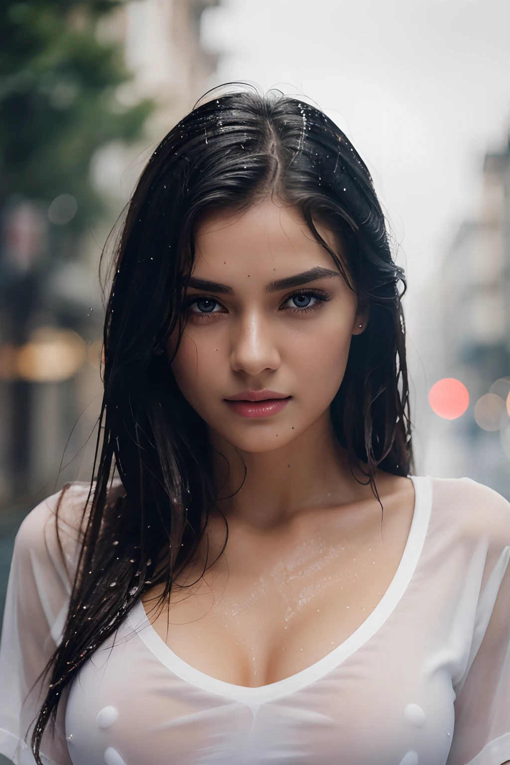 top-quality, ​masterpiece, 超A high resolution, Photorealsitic, Raw foto, ((one beautiful women)), 22year old, Detailed face, beautidful eyes, depth of fields, the city street, Wet in the rain, White T-shirt with V-neck, Wet and see-through t-shirt, small tits, Faint lips, wetting hair, a wet body, water drop on the skin, (See the viewer's eyes)