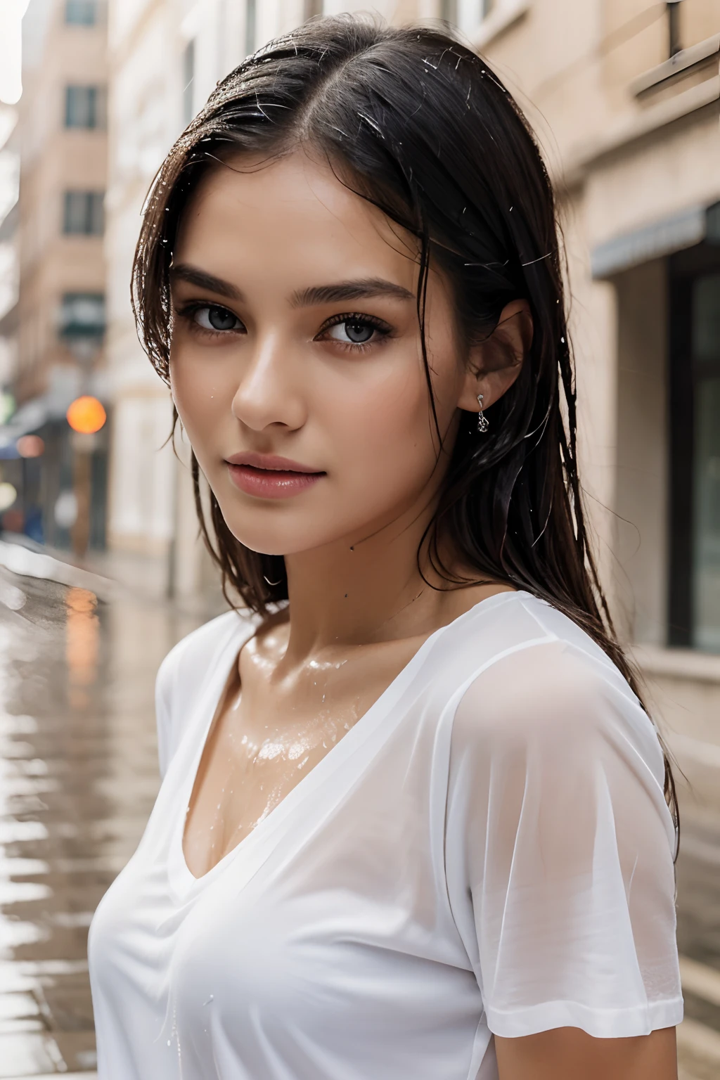 top-quality, masterpiece, 超A high resolution, Photorealsitic, Raw foto, ((one beautiful women)), 22year old, Detailed face, beautidful eyes, depth of fields, the city street, Wet in the rain, White T-shirt with V-neck, Wet and see-through t-shirt, small tits, Faint lips, wetting hair, a wet body, water drop on the skin, (See the viewer's eyes)