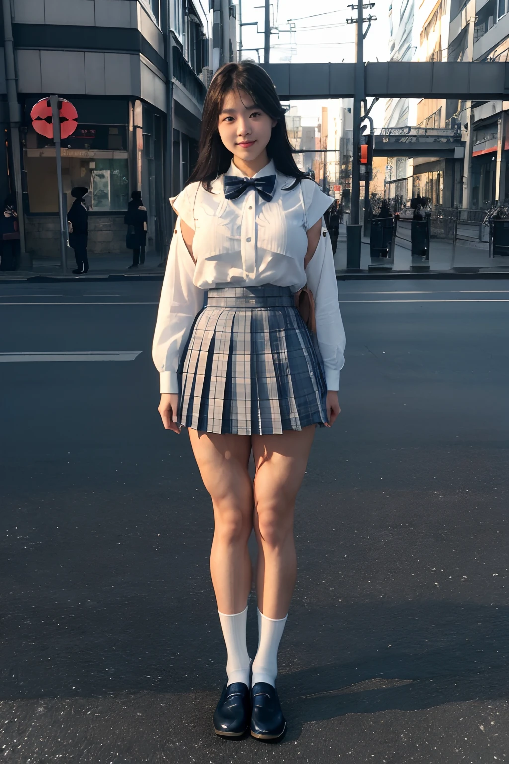 (Raw photography:1.5),(top-quality:1.5)、(masuter piece:1.5)、(hight resolution:1.5)、(Raw photography:1.5),(Photorealsitic:1.38)、(foco nítido:1.5)、
japanes、17 only、One girl、((Cowboy Shots:1.2)),((Body Like a Male Bodybuilder:1.8))、((Tall lady:1.8)),((Thick arms with sculpted muscles:1.28)),((long legged:1.4)),((Sculpted muscular thick thighs:1.65)),((large full breasts:1.2))、
((fair white skin))、
((Delicate and perfect beautiful face,beatiful detailed eyes、big eye、二重まぶた、Smiling))、
((Japan schoolgirl uniform、White short-sleeved shirt、a bow tie、Navy Blue Plaid Pleated Skirt、Dark blue high socks:1.2)),((hime-cut)),
((Stand your arms and hands next to your body:1.2))、
(((On the streets of the big city、Surrounded by many men)))、
looking at the viewers、Facing the audience,The dim、
