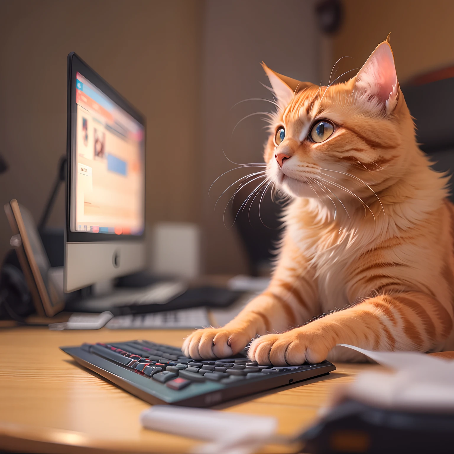 1 round eyes ginger cat, Type with the keyboard, Sitting in the chair in front of the MAC, Dynamic Angle, Best Quality, 4K,