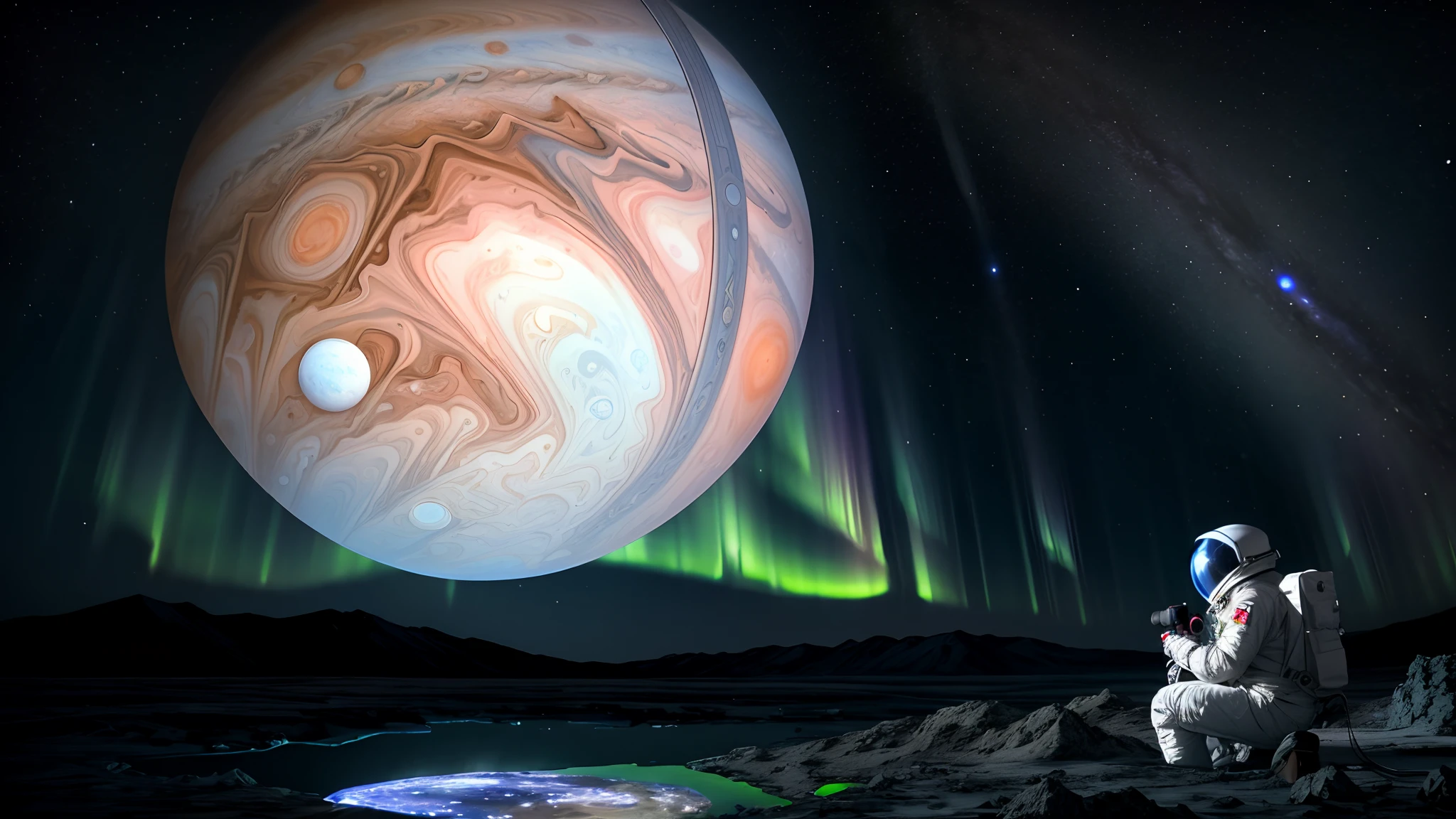 “masterpiece, best quality, 8k, high detailed, ultra-detailed. An astronaut taking a photograph of Jupiter with a DSLR camera from Europa, with a cracked icy surface below, glowing auroras dancing in the sky, icy geysers shooting up in the distance, and a reflective space helmet capturing the breathtaking view.”