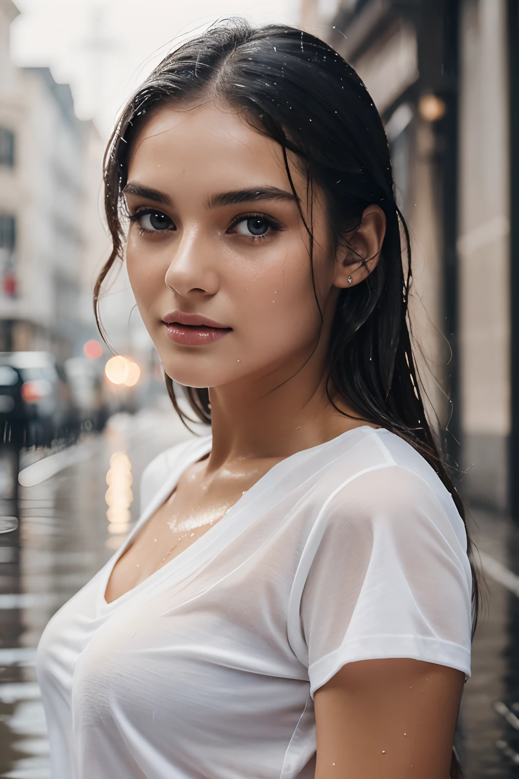 top-quality, masterpiece, 超A high resolution, Photorealsitic, Raw foto, ((one beautiful women)), 22year old, Detailed face, beautidful eyes, depth of fields, the city street, Wet in the rain, White T-shirt with V-neck, Wet and see-through t-shirt, small tits, Faint lips, wetting hair, a wet body, water drop on the skin, (See the viewer's eyes)