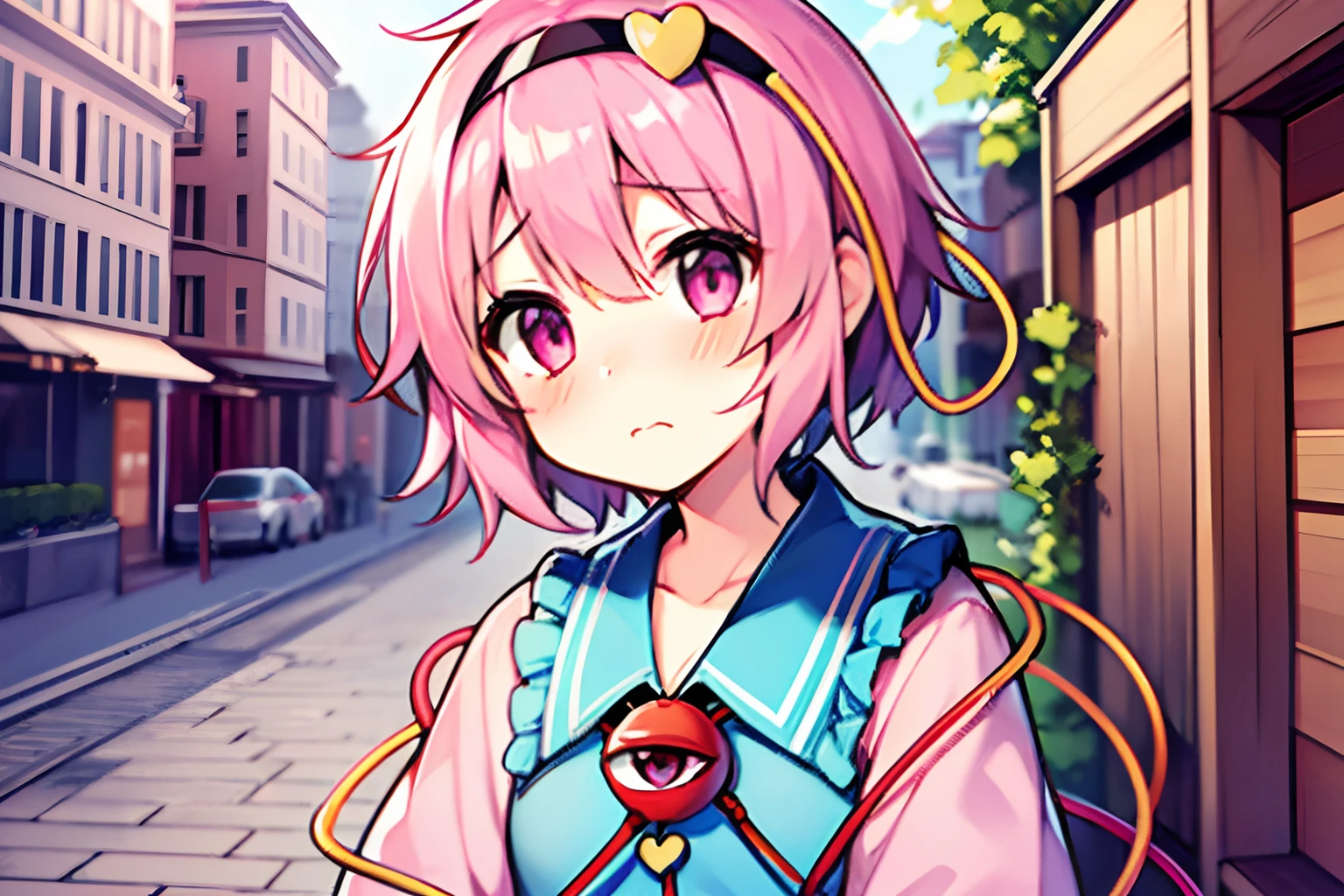 1girl in, (Komeiji Satori)、sad、blushed face、Pink hair、Pink eyes、
