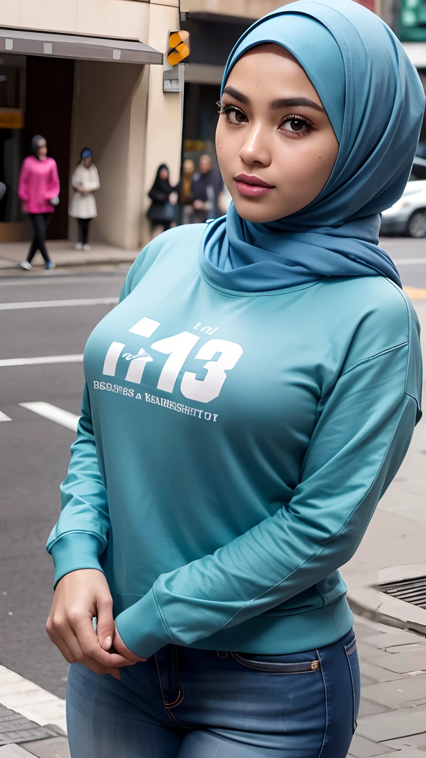 (Best quality, high resolution, masterpiece: 1.3), a beautiful malay woman in hijab, big breasts, slim figure, sweatshirt, beautifully presented details in the street and facial and skin texture, detailed eyes, double eyelids, big eyeschest visible, shirt open