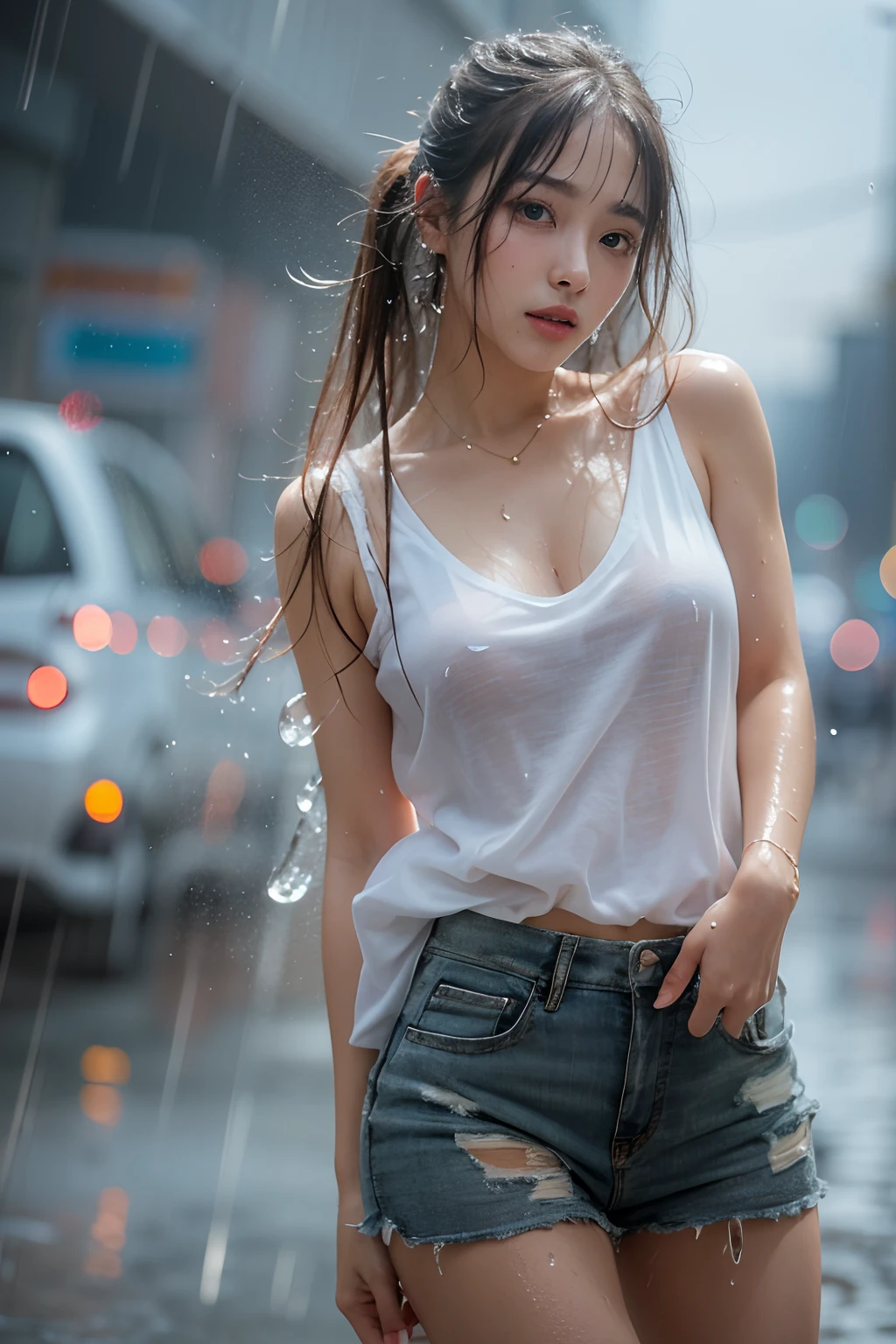 top-quality, ​masterpiece, 超A high resolution, Photorealsitic, Raw foto, ((one beautiful women)), 22year old, Detailed face, beautidful eyes, depth of fields, the city street, Wet in the rain, White T-shirt with V-neck, Wet and see-through t-shirt, small tits, Faint lips, wetting hair, a wet body, water drop on the skin, (See the viewer's eyes)