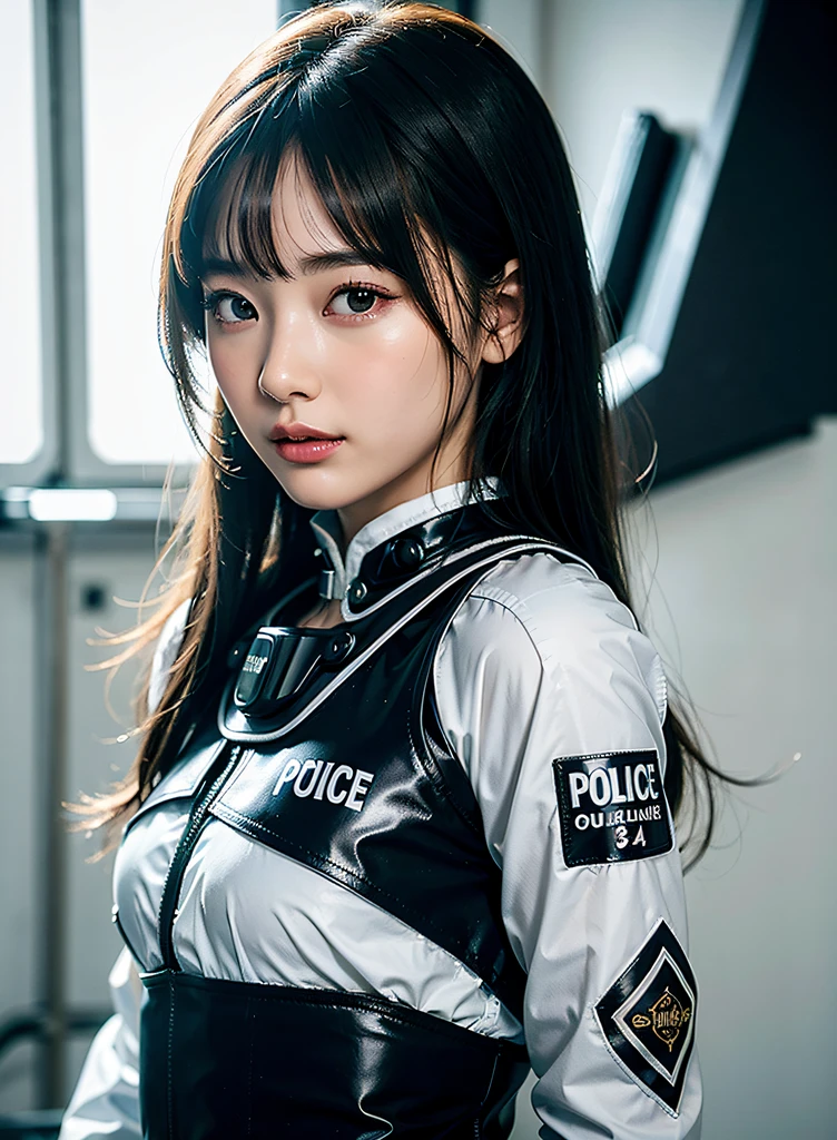 Highest image quality, outstanding details, ultra-high resolution, (realism: 1.4), the best illustration, favor details, highly condensed 1girl, with a delicate and beautiful face, ((cowboy shot)), (wearing racing suit likes police uniform, black and gray mecha, wearing a night-vision goggle, military harness), background grey wall,