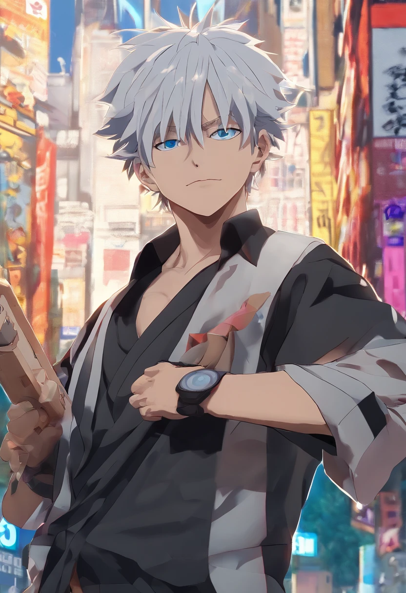 gojo satoru, jujutsu  kaisen, anime, in the city, amazing, focused, ray of light, blue eyes, white hair, black shirt.