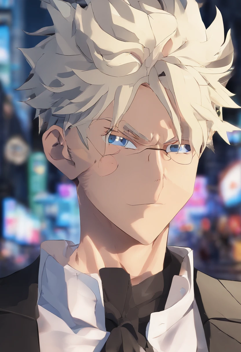 gojo satoru, jujutsu kaisen, anime, in the city, amazing, focused, ray of light, blue eyes, white hair, black shirt.