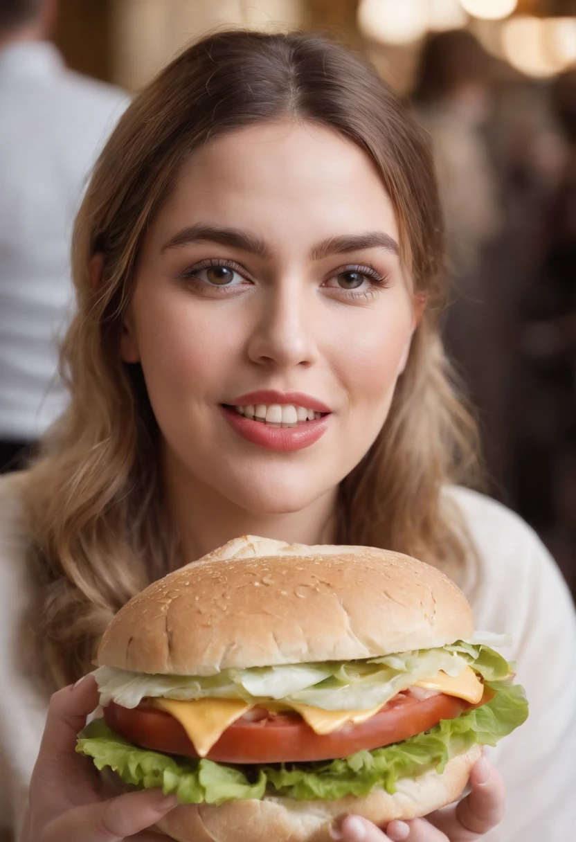 /imagine prompt: An obese woman has a tired countenance and is taking a bite out of a double sandwich with cheese and lettuce, The environment is a busy snack bar with several people around, The sound of lively conversations and soothing music creates a cheerful atmosphere, Pintura, acrylic on canvas, --ar 16:9 --v 5