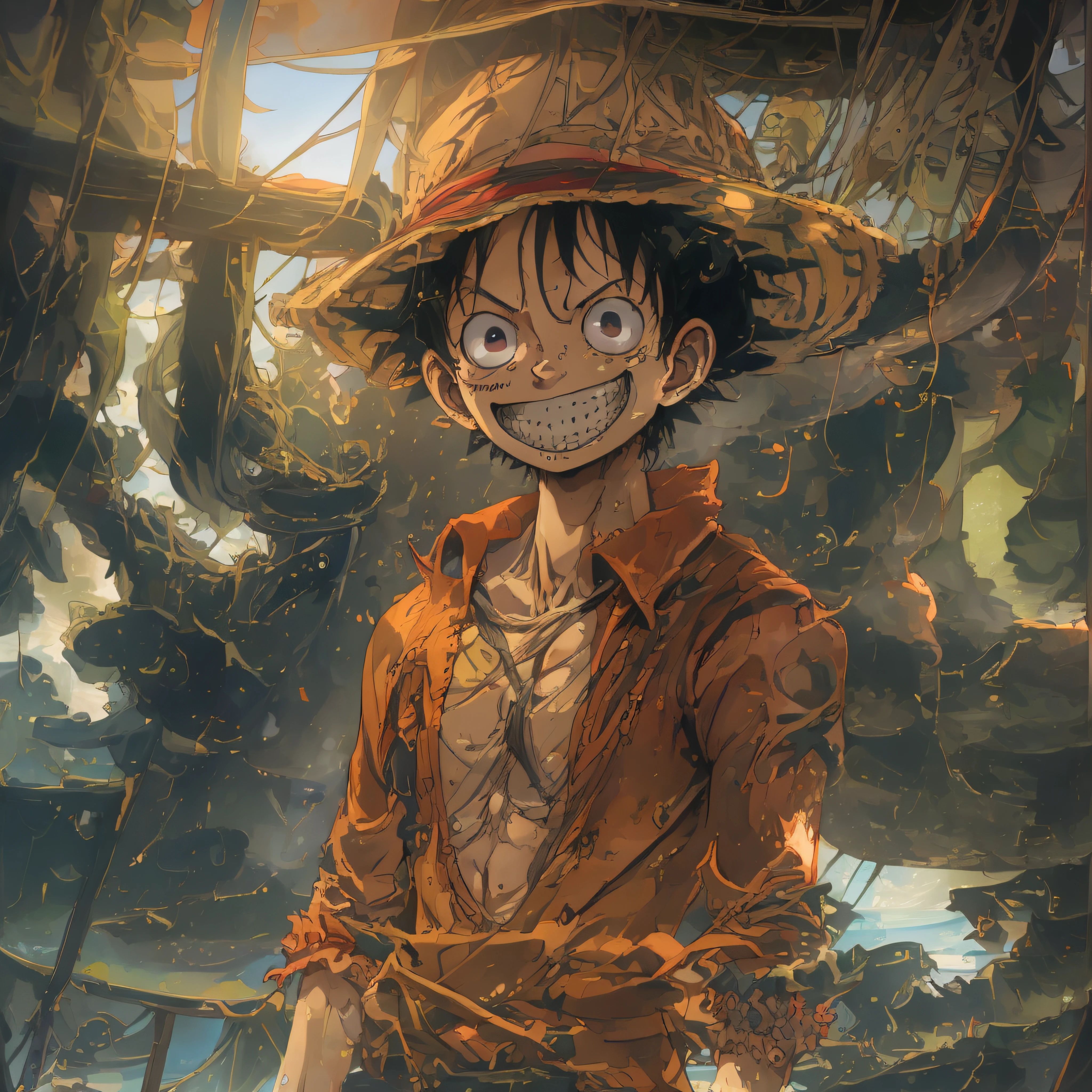 1boys, wanostyle, monkey d luffy, Smiling, look viewer, 独奏, Upper body, ((masterpiece)), (Best quality), (Extremely detailed), Depth of field, sketch, dark intensive shadows, Sharp focus quality, hdr, Colorful, Good composition, There were fires all around, spectacular, Closed shirt, Anime screenshots, Scars under the eyes, getting ready to fight, Dark eyes，deep of field，Sea backgroun，ship，sunrays，Red clothes，in the city.