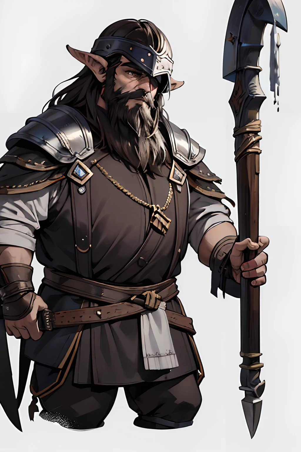 1boy, solo, super fine illustration, an extremely delicate and beautiful, best quality, brown skin, elderly dwarf, blacksmith attire, thick bushy beard, determined expression, large pointed ears, traditional dwarf helmet, rugged charm, solid background, intricate workshop, sparks flying, forging a masterpiece, wearing an eyepatch, wielding his finest self-crafted hammer in his right hand, with a plain monochromatic background.