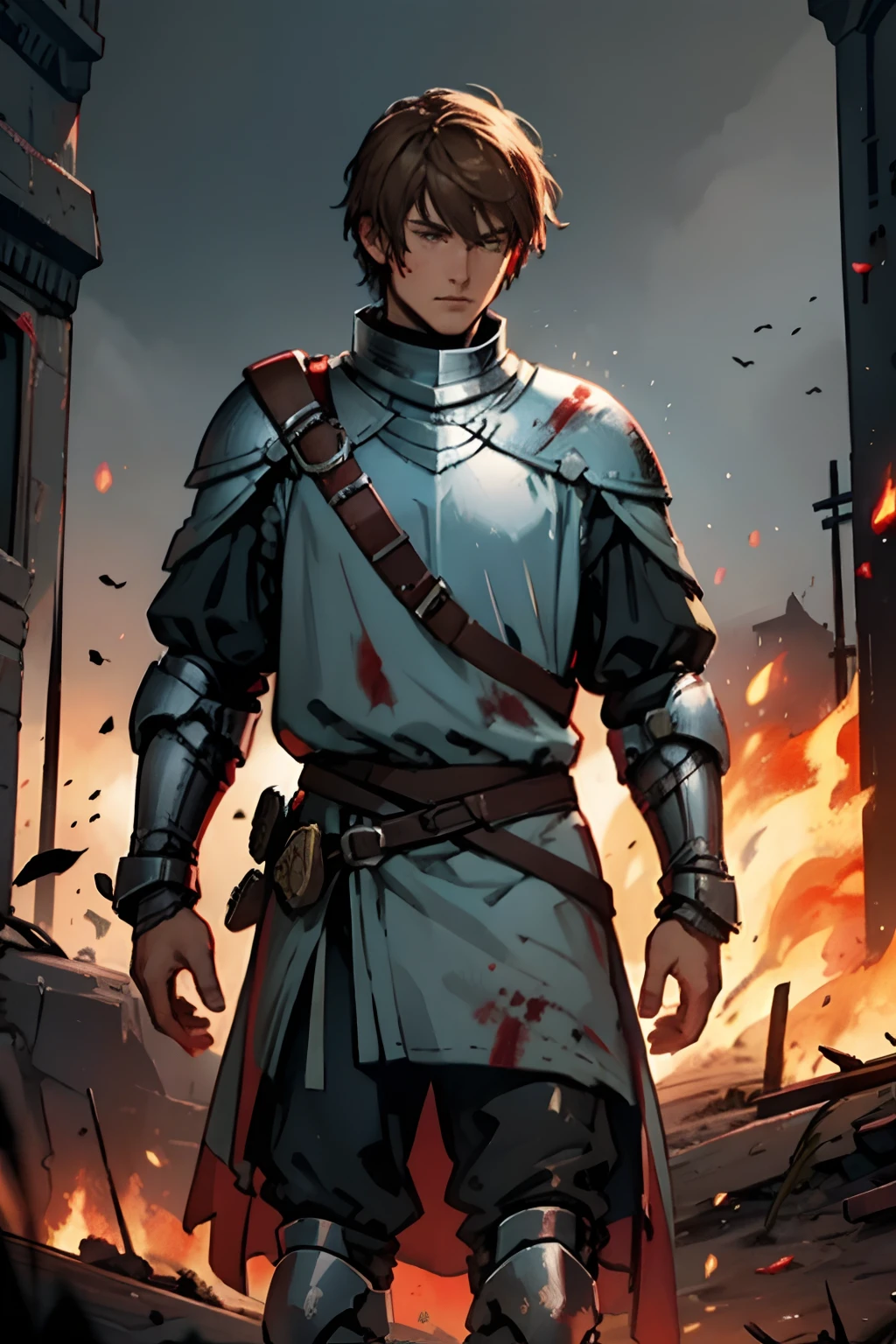 knight, noble, human, brunette, male, war, battlefield, blood, fire, short hair