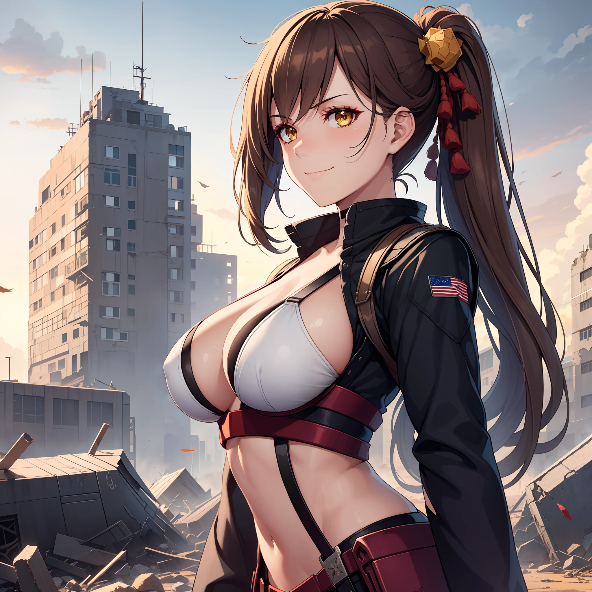 1girl,Zuikaku,gigantic breasts,superhero pose,standing in ruined city,(8k),scratches,detailed face,brown hair,yellow eyes,very long hair,embarassed,small smile face, side ponytail,orange eyeshadow,hair ornament, high_res, high_definition,the battlefield, (Captain America Custom 1:1),