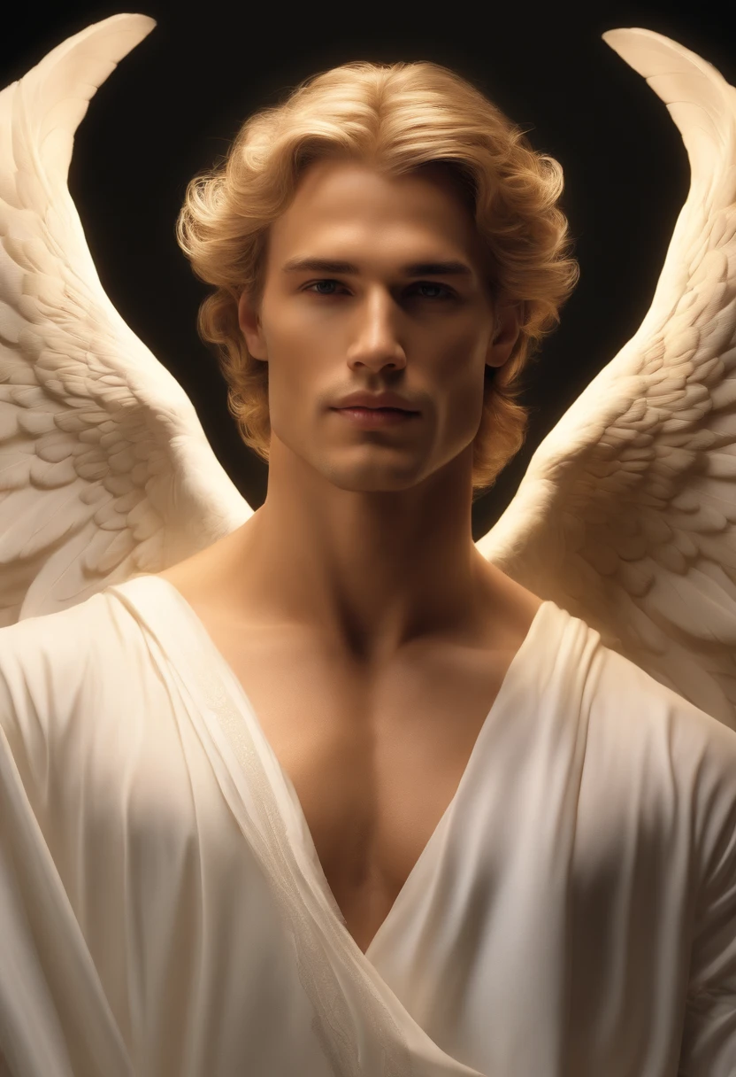 photorealistic, (hyperrealistic:1.2), handsome white man, masterpiece, best quality, extremely detailed face, perfect lighting, nice hands, perfect hands, A divine and radiant man in celestial splendor, (heavenly presence:1.2), (serene expression), (majestic wings), (ethereal glow:1.1), (peaceful and comforting), (transcendent beauty), (divine grace), (symbol of purity), (golden halo), (uplifting atmosphere), (celestial realm), (spiritual enlightenment), (gentle and protective), (illuminating light:1.2), (seraphic figure), (harmony and serenity), (angelic robes), (timeless and celestial), (captivating aura), (healing and guidance) white man, low taper fade man bun, blonde hair, facial stubble, smile,looking at camera