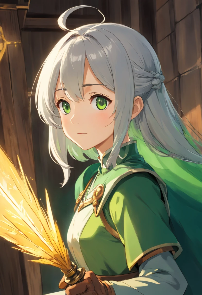 (8K,Best quality,style of anime)Silver-haired female knight,Green emerald pupils,Delicate facial features,The drawing style is similar to that of characters in anime,Full body like,with a pure white background,Character design,quadratic element,Include a small amount of introductory text,Three views of people