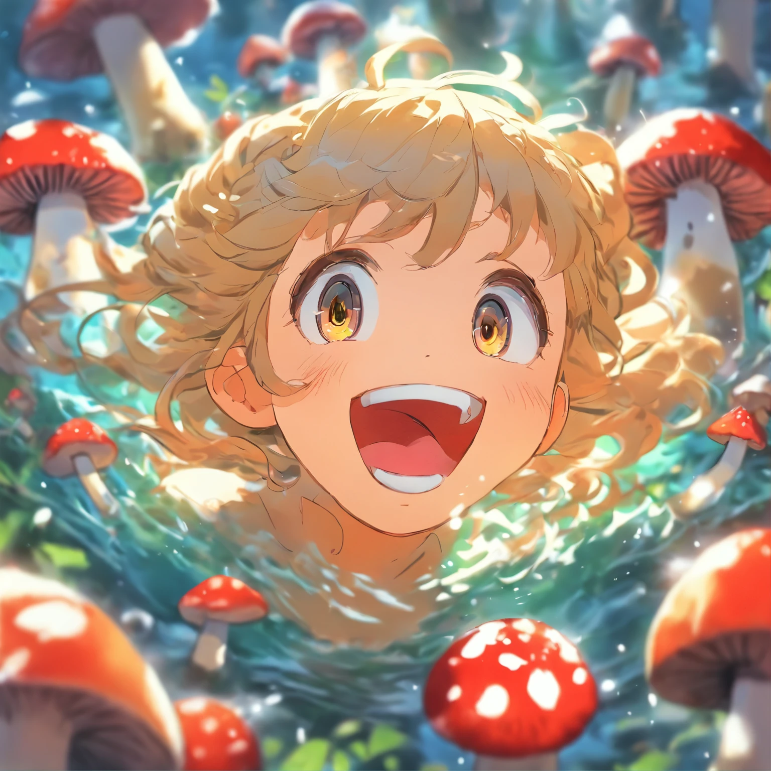 line stamp, sticker, icon, flat , water color, white eyes, A look of madness:1.6, anime girl eating mushroom, happy, --niji 5 --style cute,
