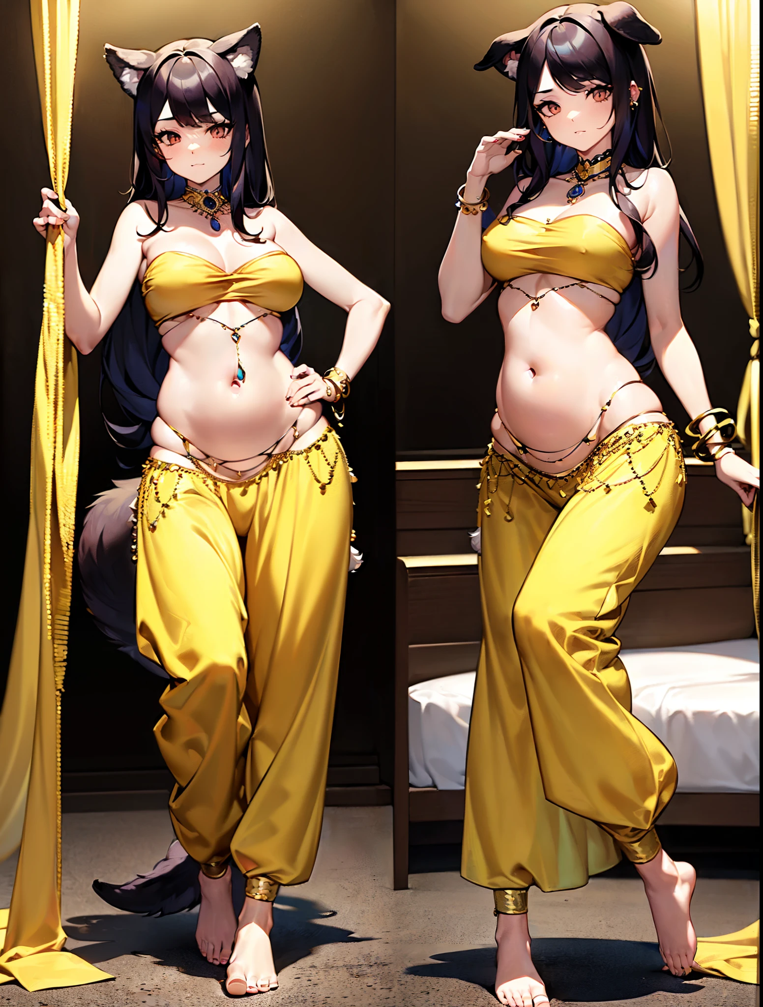 ((dog girl)), ((full body)), ((Standing pose)), ((strapless belly dance top)), ((jewelry)), (((very long and baggy belly dancing harem pants))), ((bare feet)), ((fully detailed))