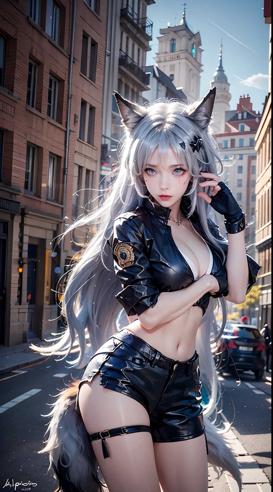 photorealistic, masterpiece, high resolution, soft light, mature female, blue eyes, hips up, hairpiece, lappland, arknights, destroyed city background, buildings on fire, pale, wolf girl, animal ears, scar, white fingerless gloves, black jacket, bikini, (tail, fluffy tail), tattoo, wolves, long white hair, black shorts