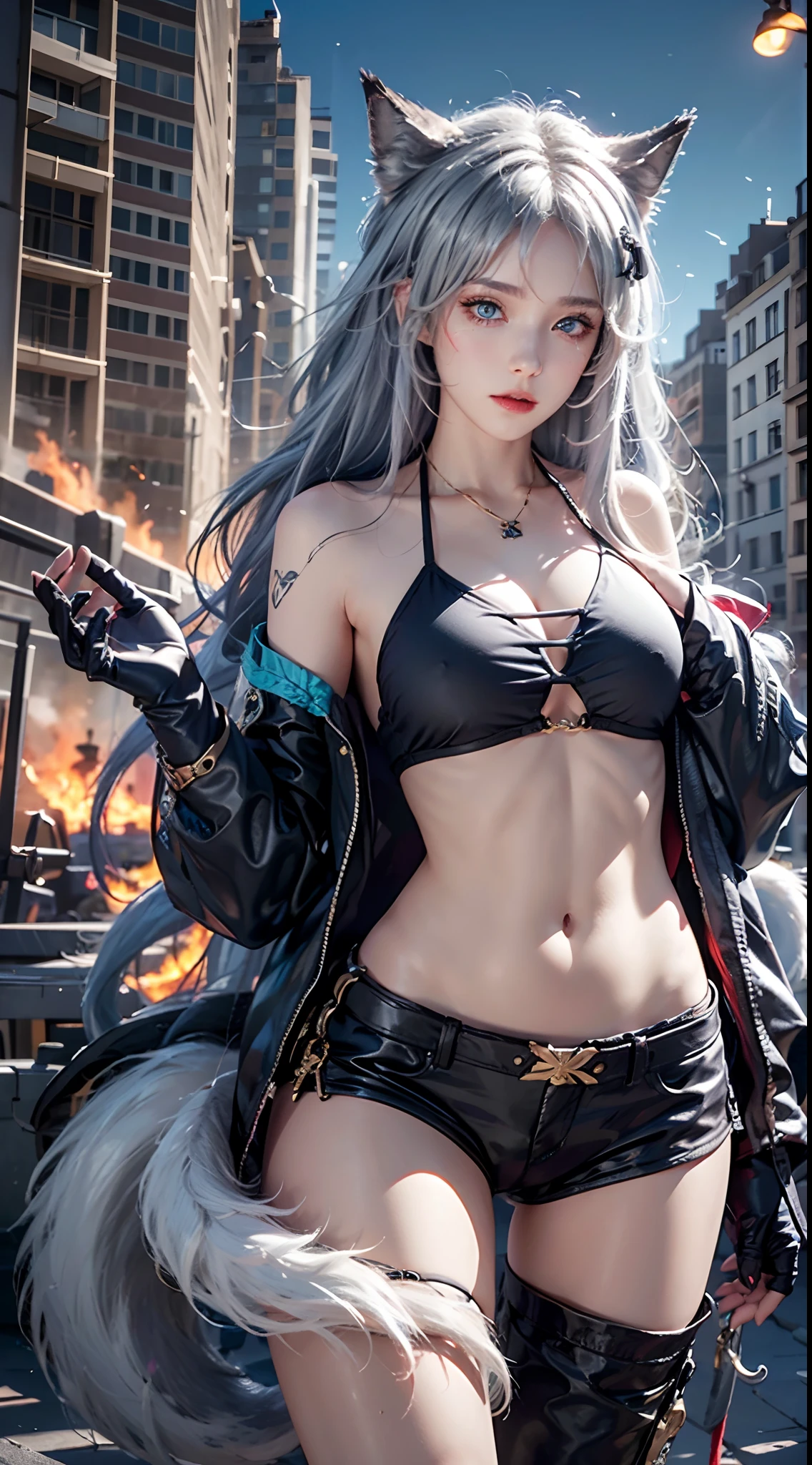 photorealistic, masterpiece, high resolution, soft light, mature female, blue eyes, hips up, hairpiece, lappland, arknights, destroyed city background, buildings on fire, pale, wolf girl, animal ears, scar, white fingerless gloves, black jacket, bikini, (tail, fluffy tail), tattoo, wolves, long white hair, black shorts