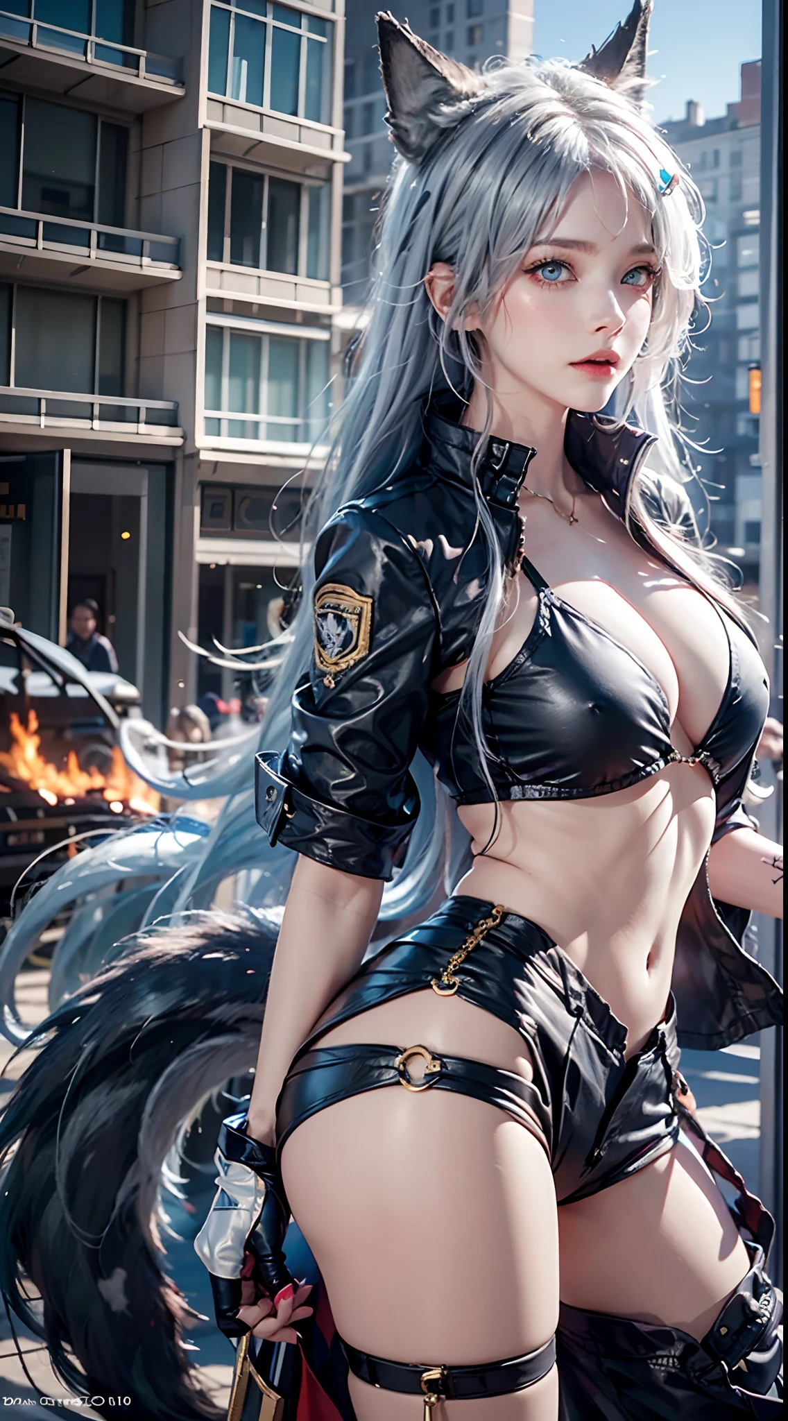 photorealistic, masterpiece, high resolution, soft light, mature female, blue eyes, hips up, hairpiece, lappland, arknights, destroyed city background, buildings on fire, pale, wolf girl, animal ears, scar, white fingerless gloves, black jacket, bikini, (tail, fluffy tail), tattoo, wolves, long white hair, black shorts