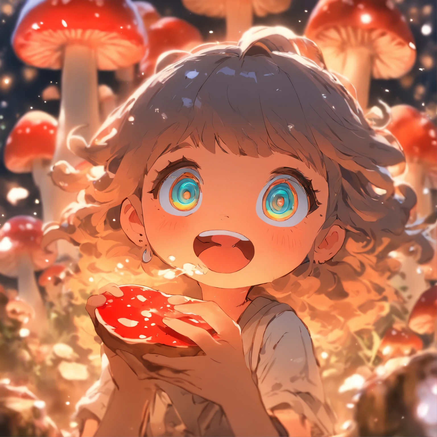 line stamp, sticker, icon, flat , water color, white eyes, A look of madness:1.6, anime girl eating mushroom, happy, --niji 5 --style cute,